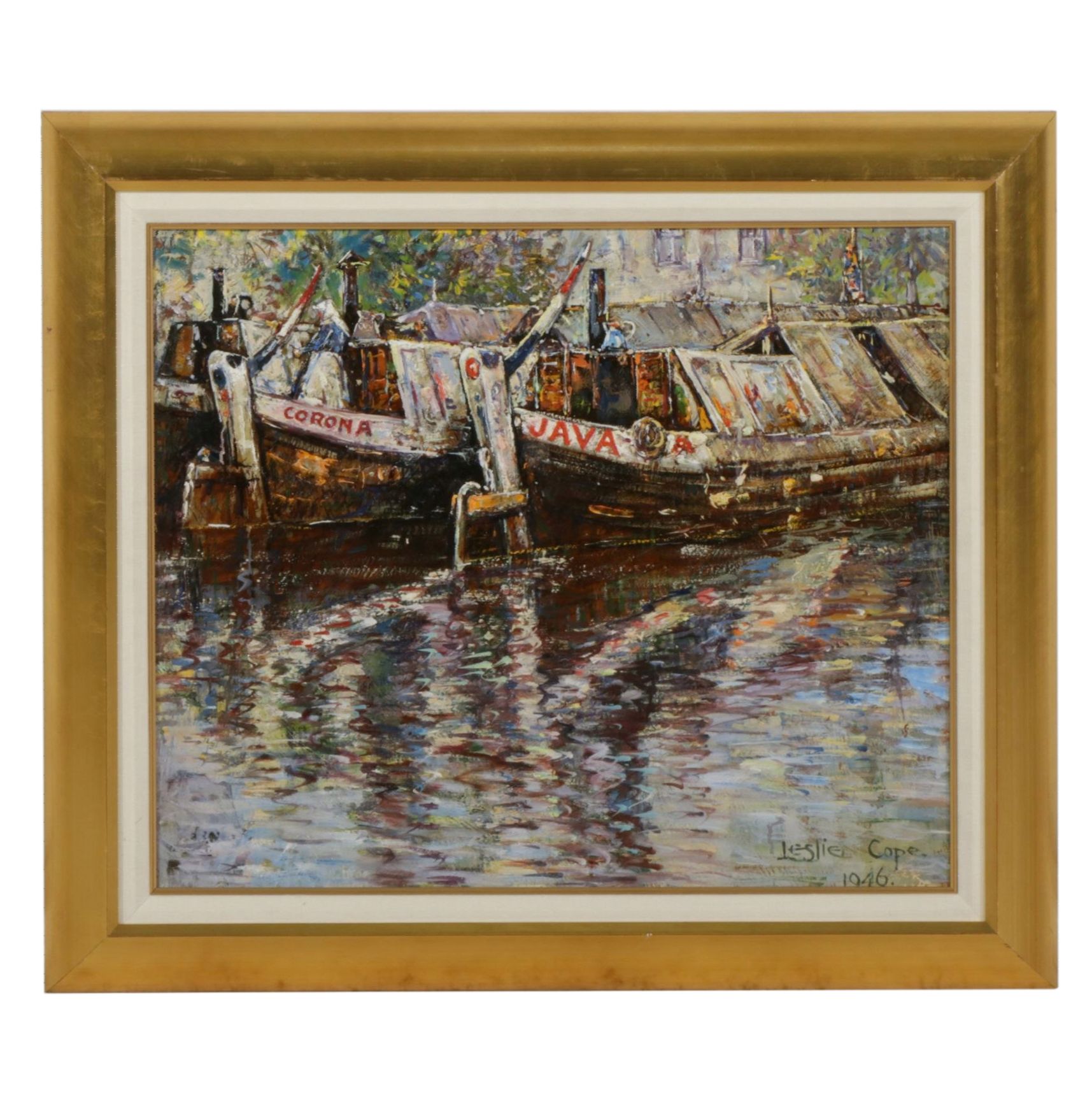 Leslie Cope "On The Mersey Weaver Canal, Staffordshire" Oil Painting, 1946