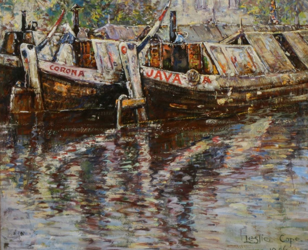 Leslie Cope "On The Mersey Weaver Canal, Staffordshire" Oil Painting, 1946