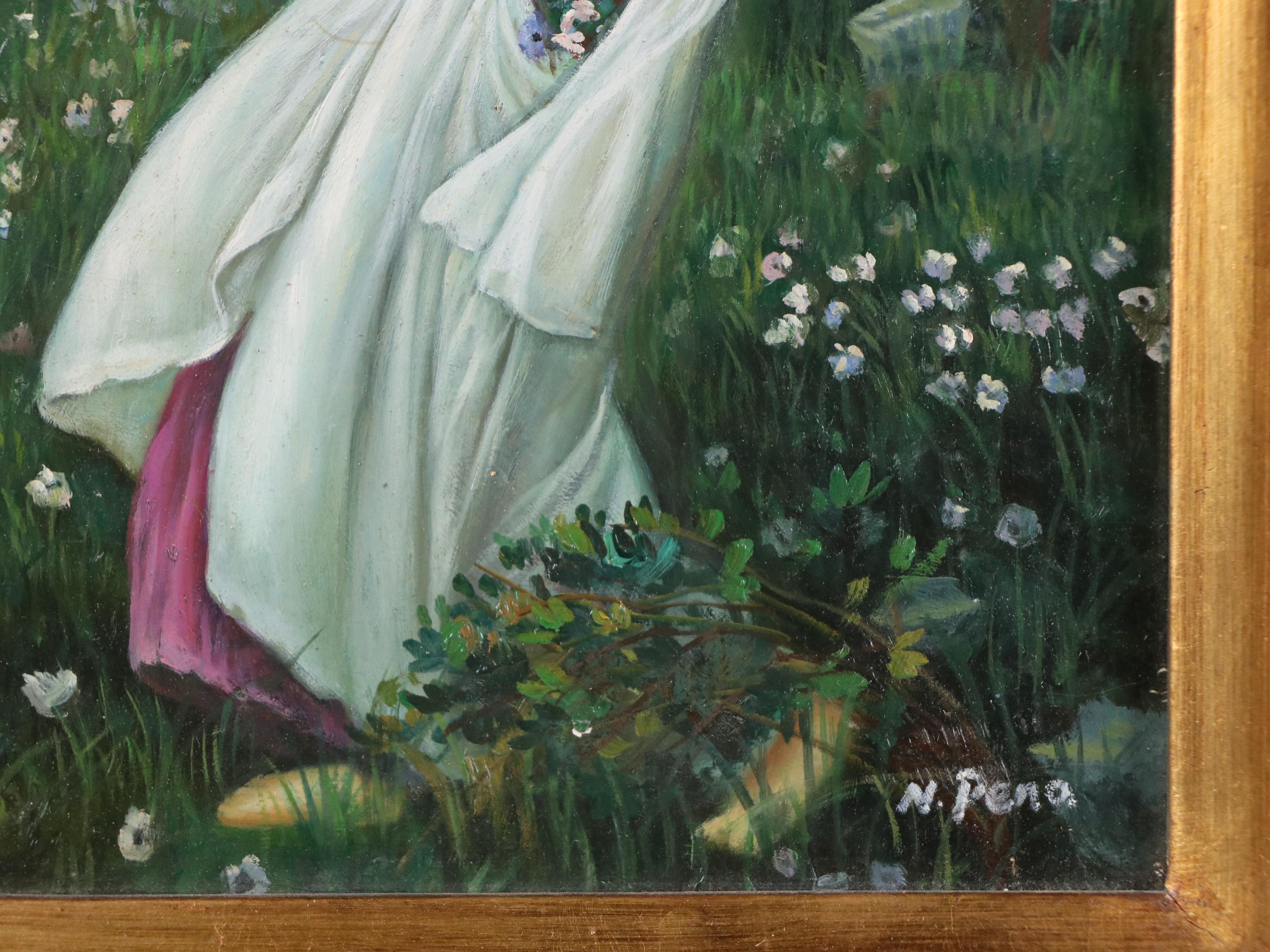 N. Pena Oil Painting of Young Woman Picking Flowers
