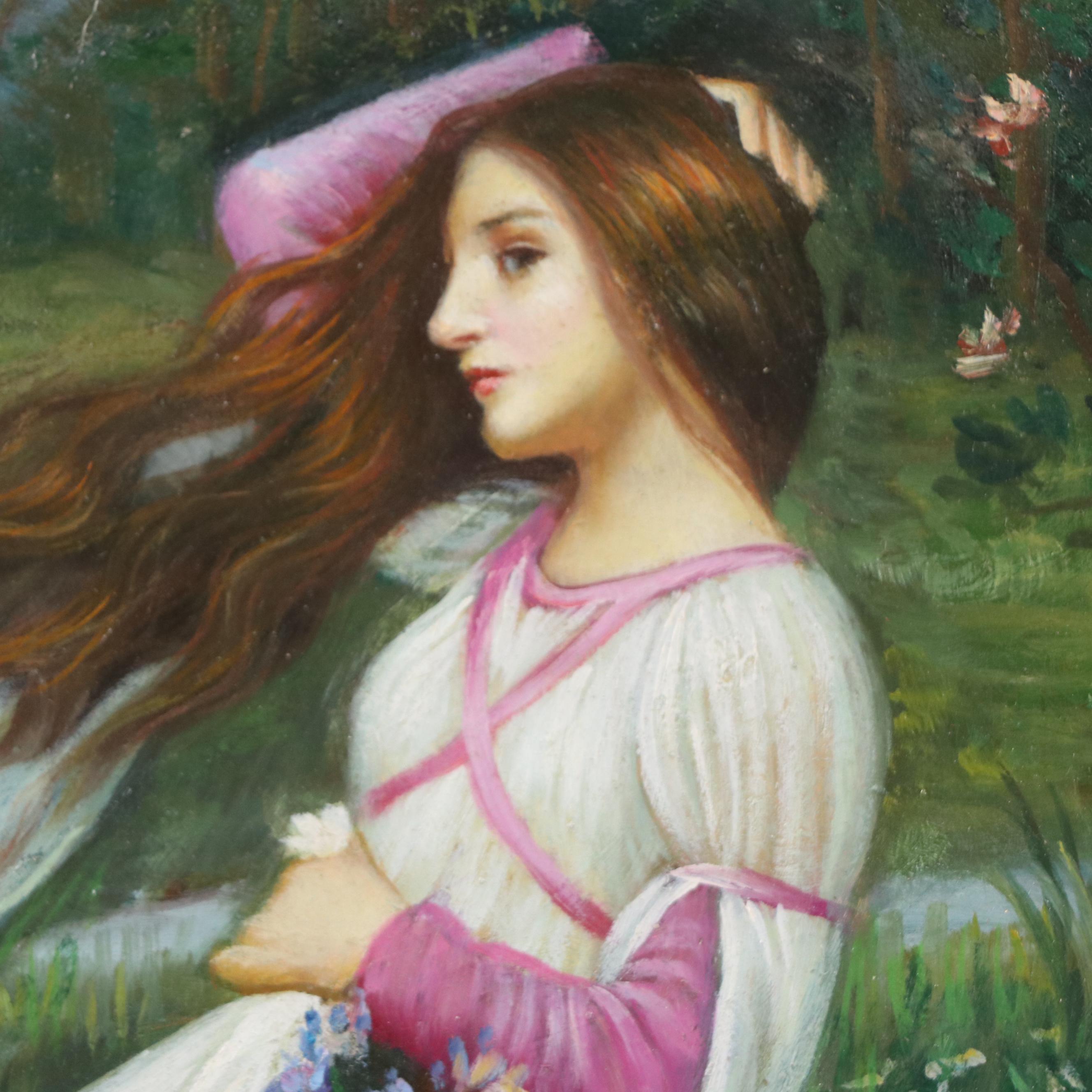 N. Pena Oil Painting of Young Woman Picking Flowers