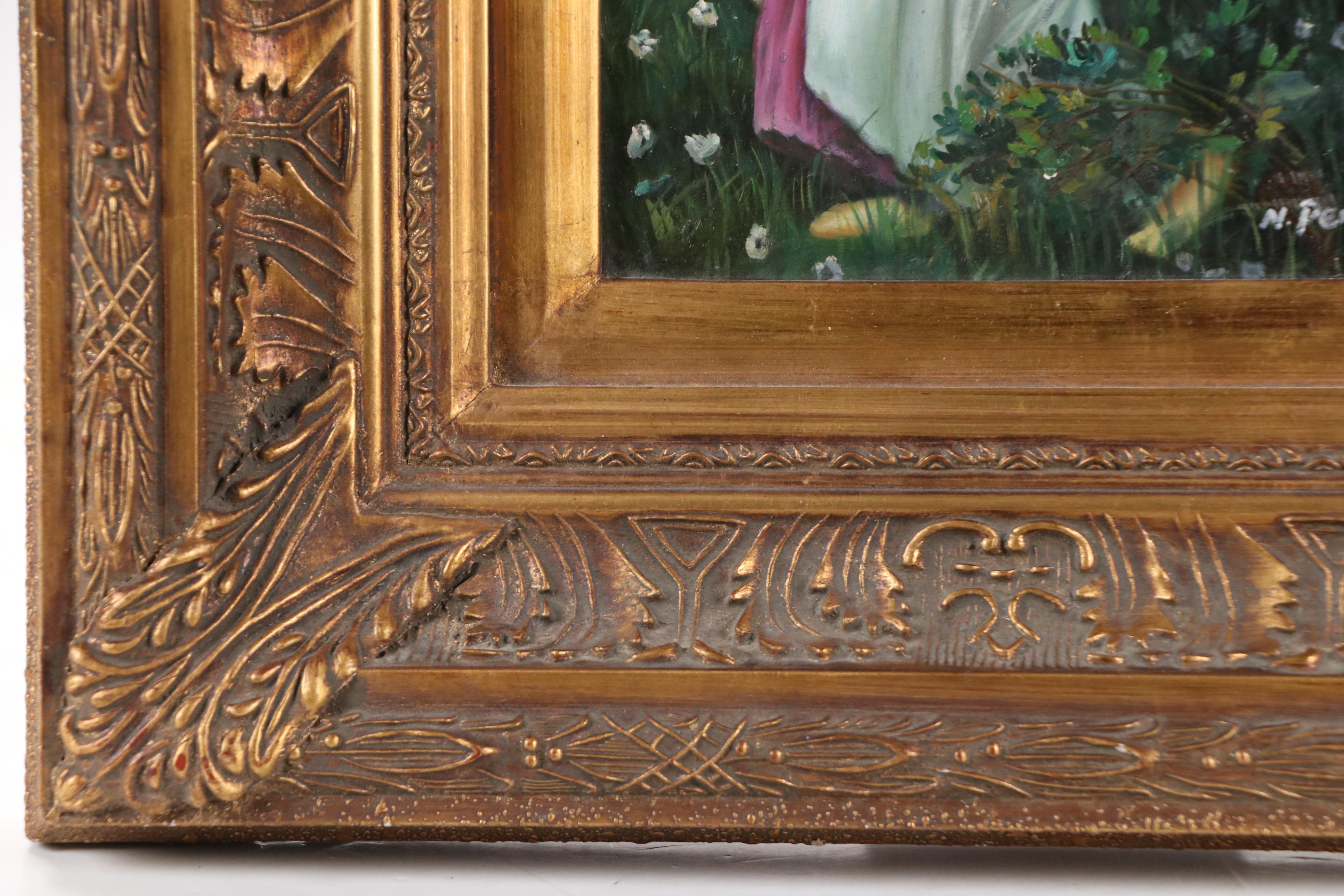 N. Pena Oil Painting of Young Woman Picking Flowers