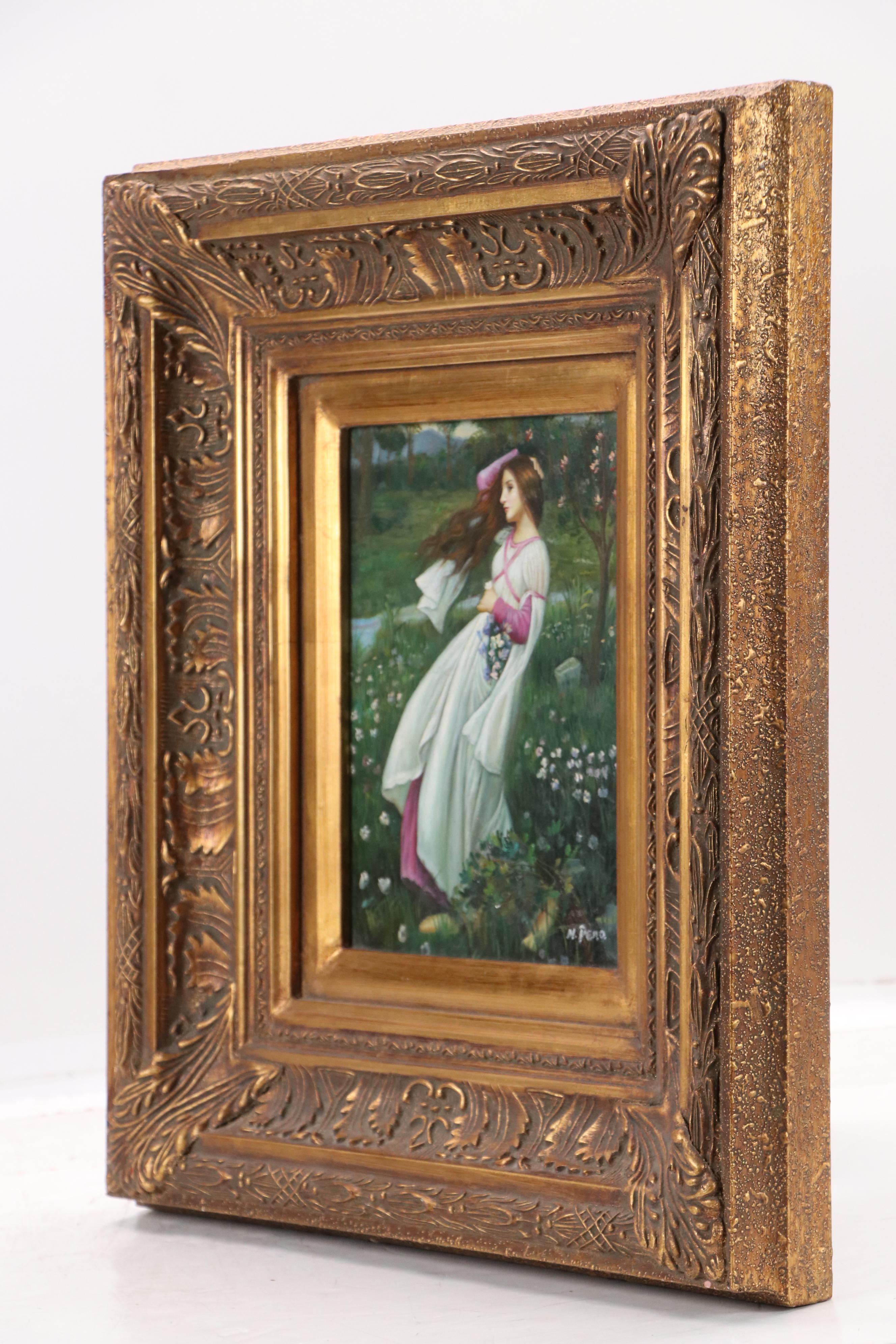 N. Pena Oil Painting of Young Woman Picking Flowers