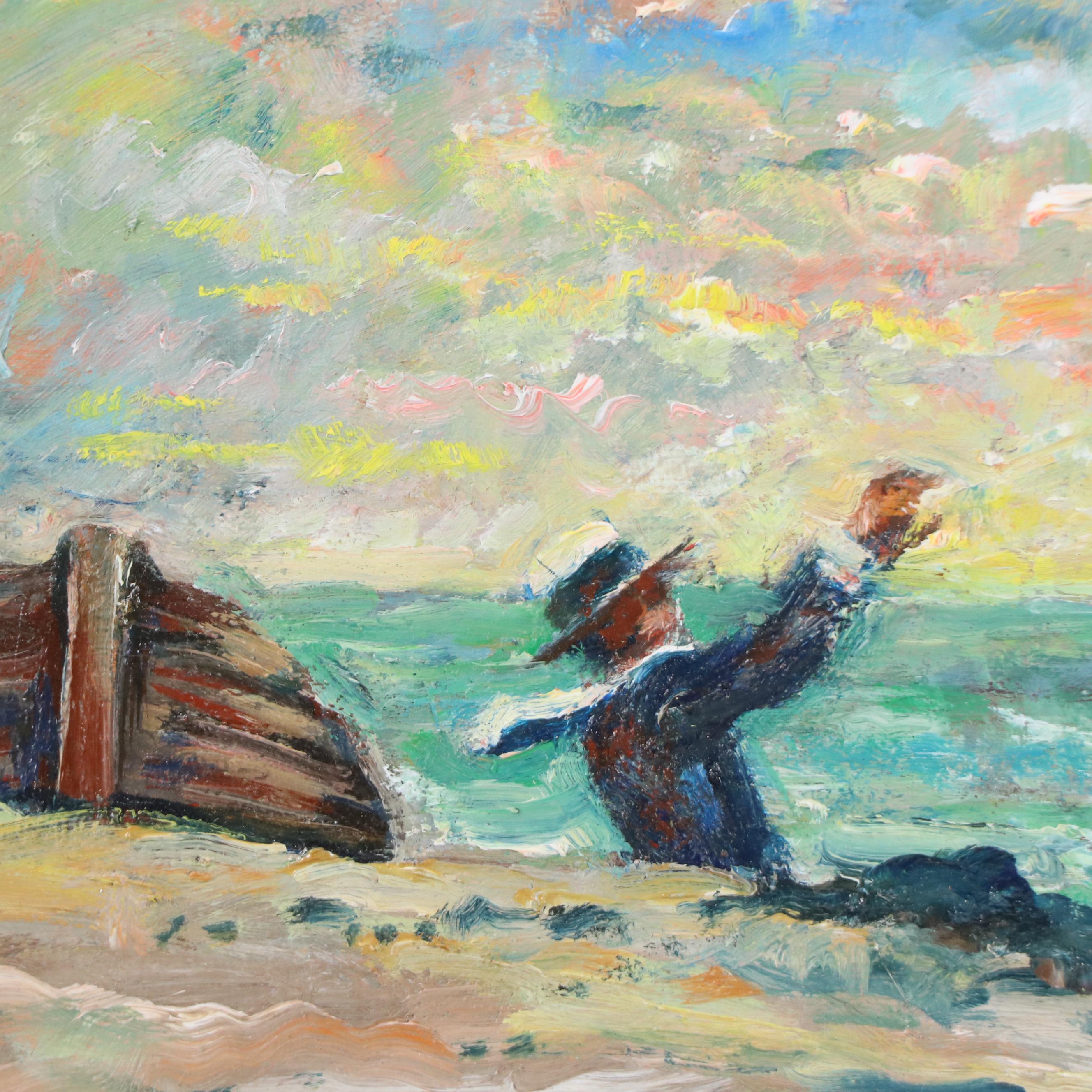 Philip Corley Impressionist Style Oil Painting "The Beach," Late 20th Century