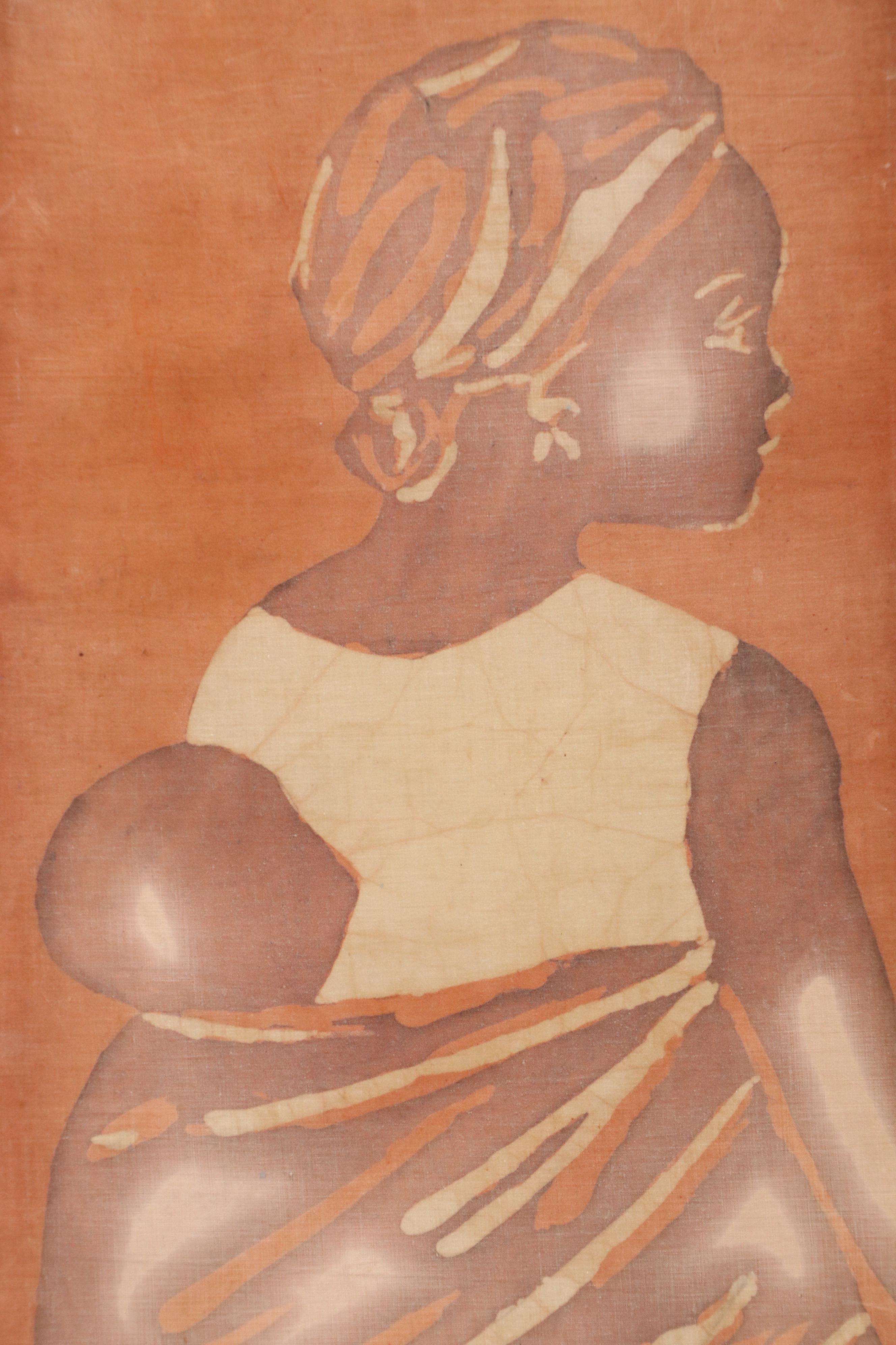 Stylized Oil Painting of Mother Carrying Child, 1972