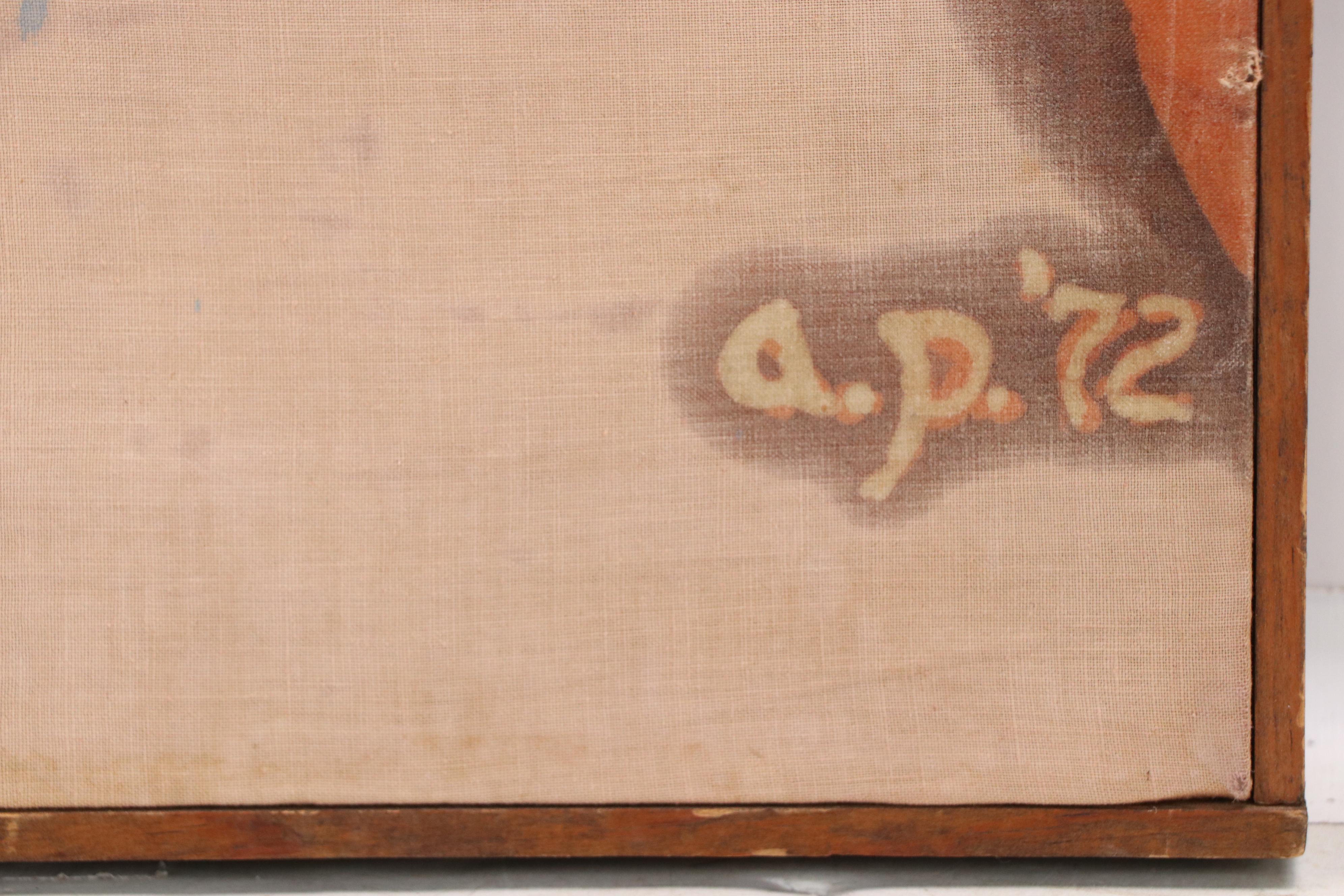 Stylized Oil Painting of Mother Carrying Child, 1972