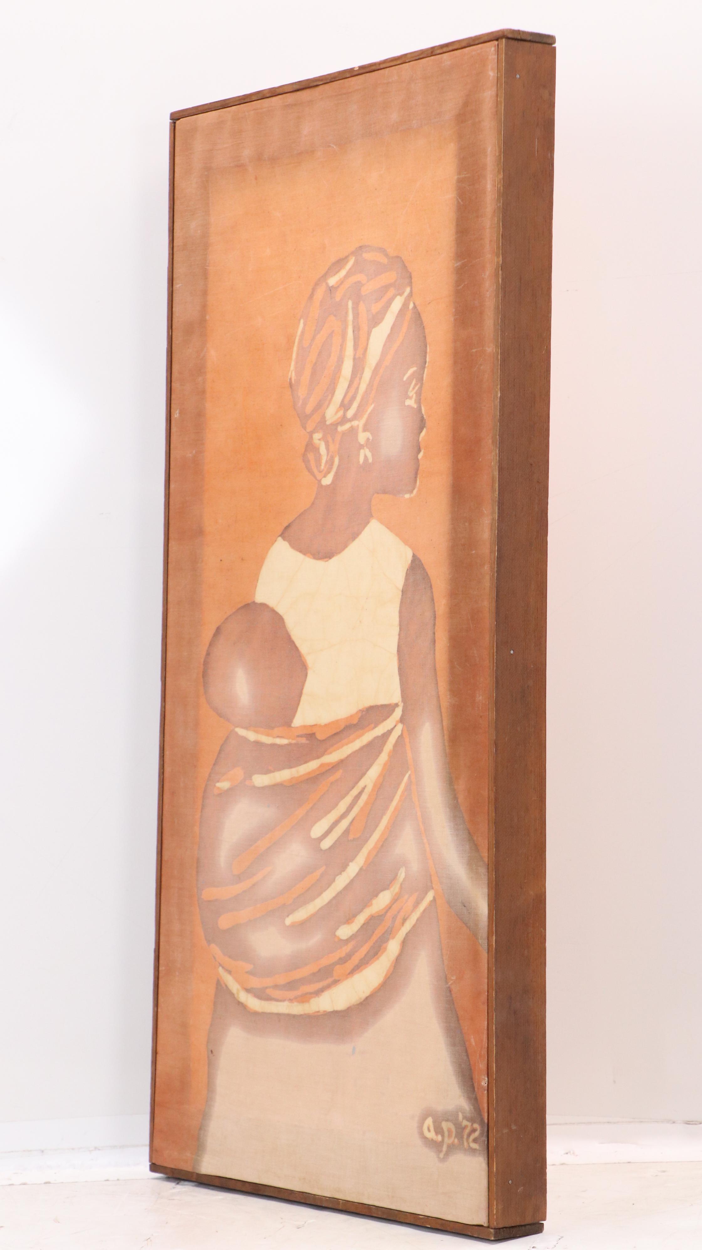 Stylized Oil Painting of Mother Carrying Child, 1972