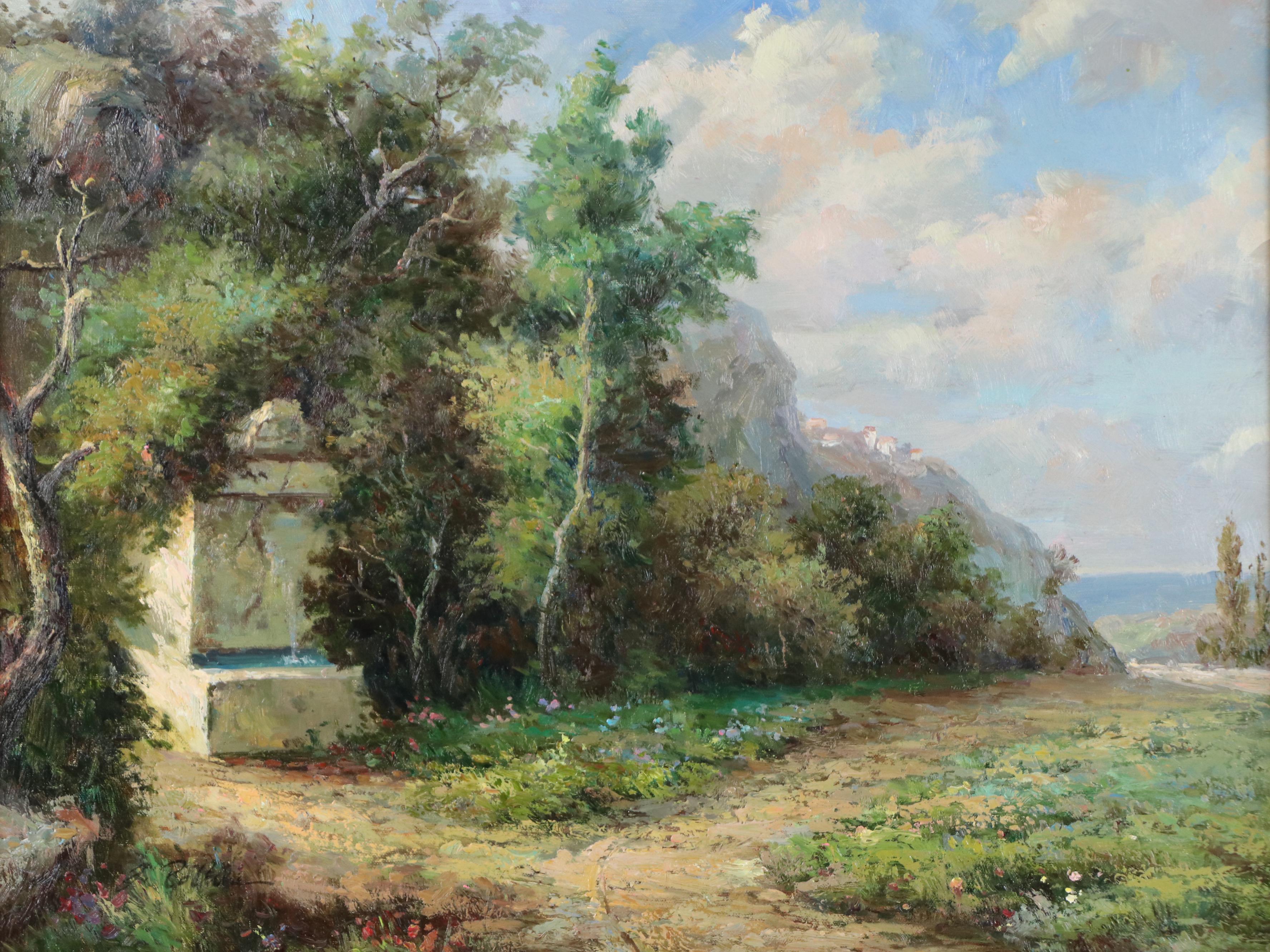 John Rollins Landscape Oil Painting with Stone Monument, Mid–Late 20th Century