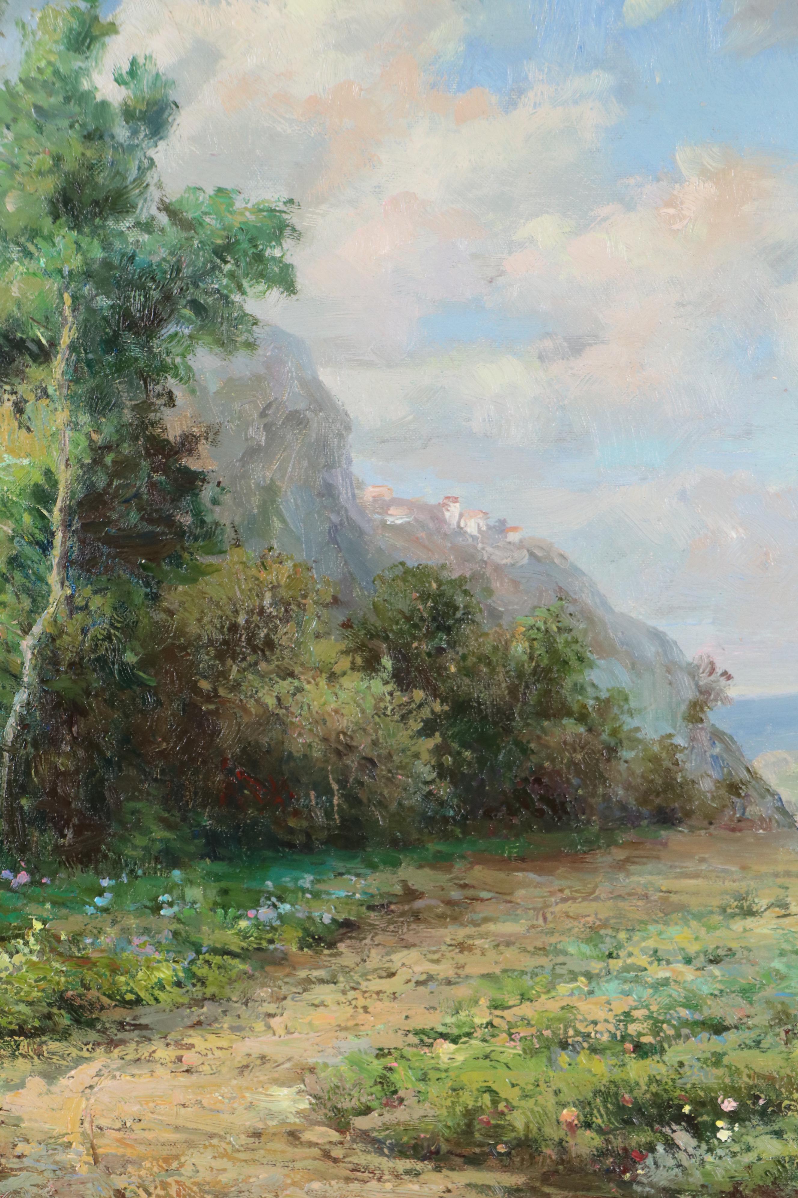 John Rollins Landscape Oil Painting with Stone Monument, Mid–Late 20th Century