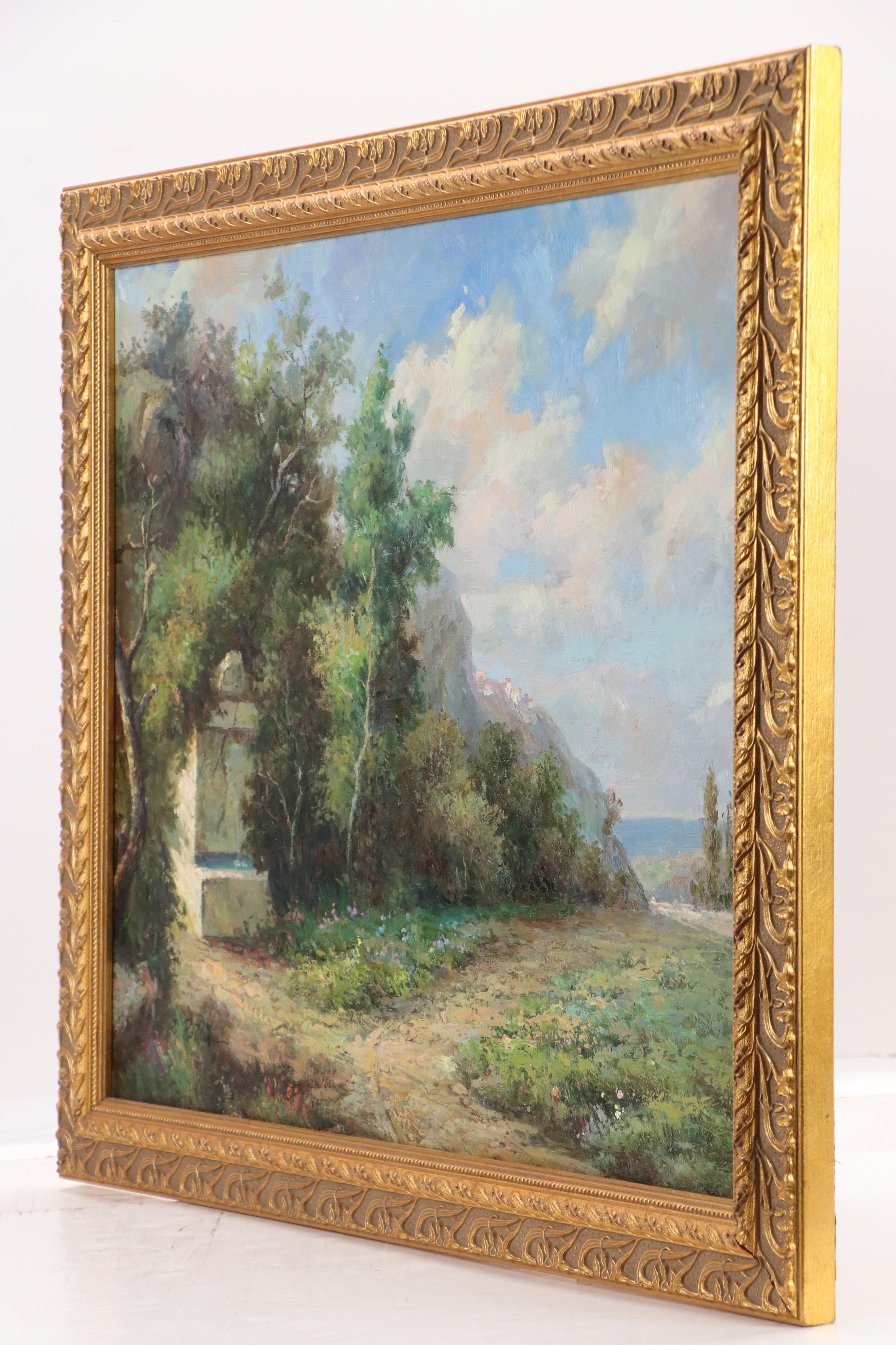 John Rollins Landscape Oil Painting with Stone Monument, Mid–Late 20th Century