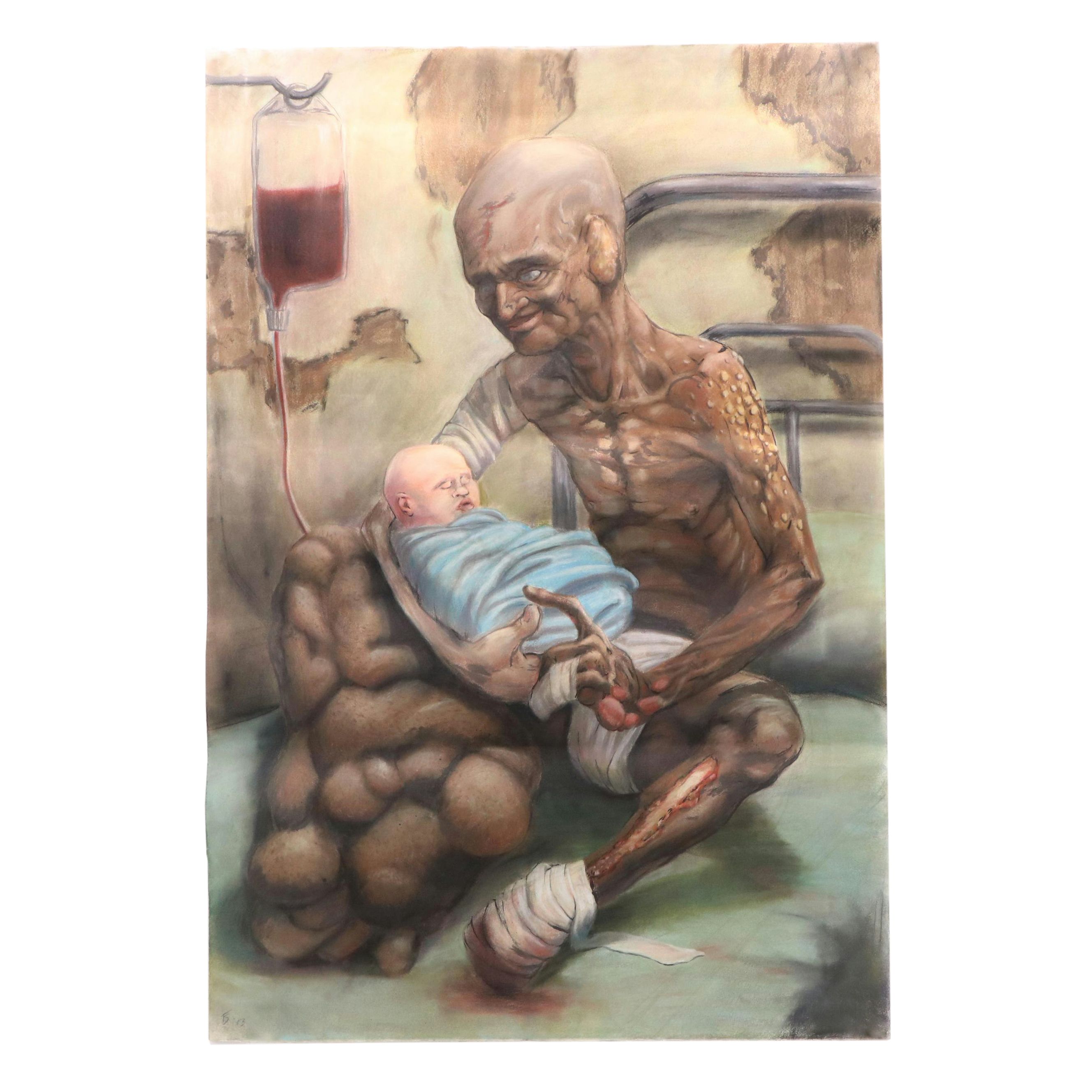 Ben Farrell Horror Genre Chalk Pastel Drawing of Infected Man with Baby, 2013