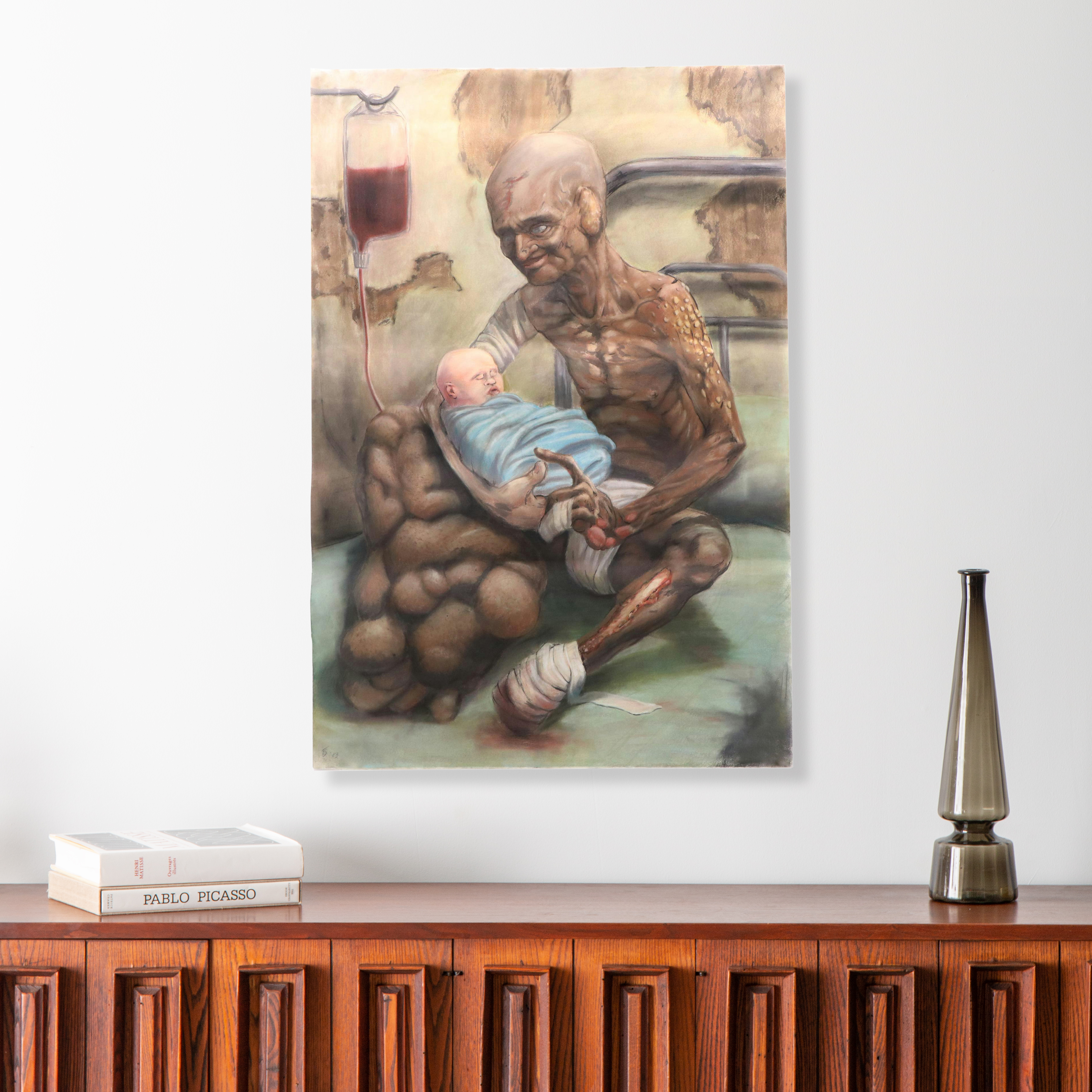 Ben Farrell Horror Genre Chalk Pastel Drawing of Infected Man with Baby, 2013