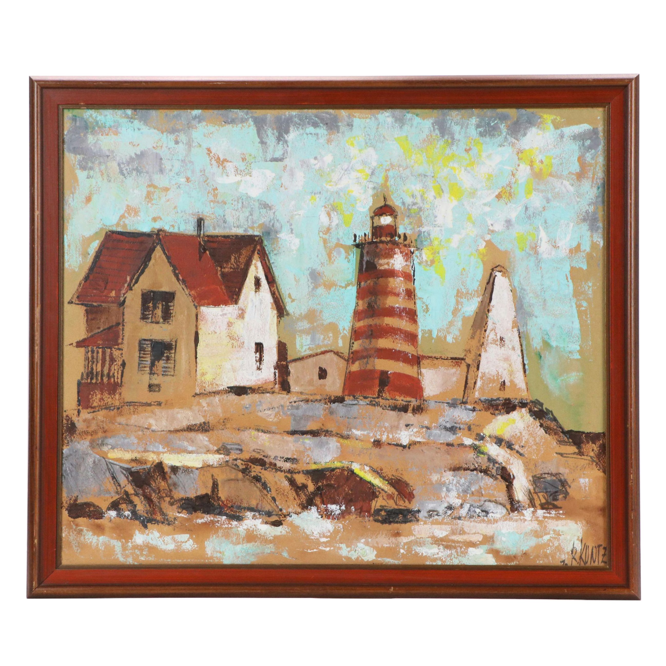 R. Kuntz Oil Painting of Modernist Lighthouse Scene, 1970
