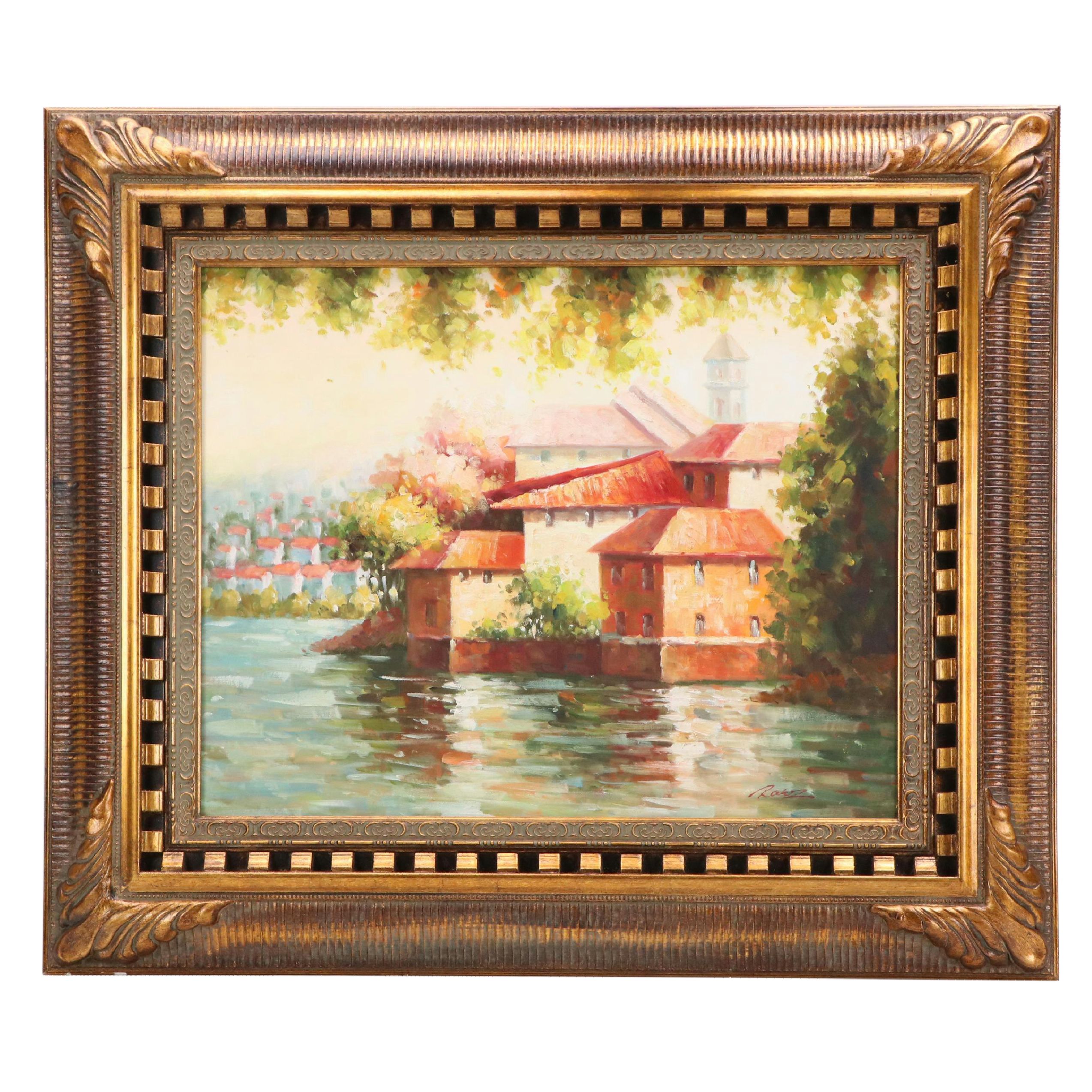 Oil Painting of Waterside Villa "Still Waters," Late 20th Century