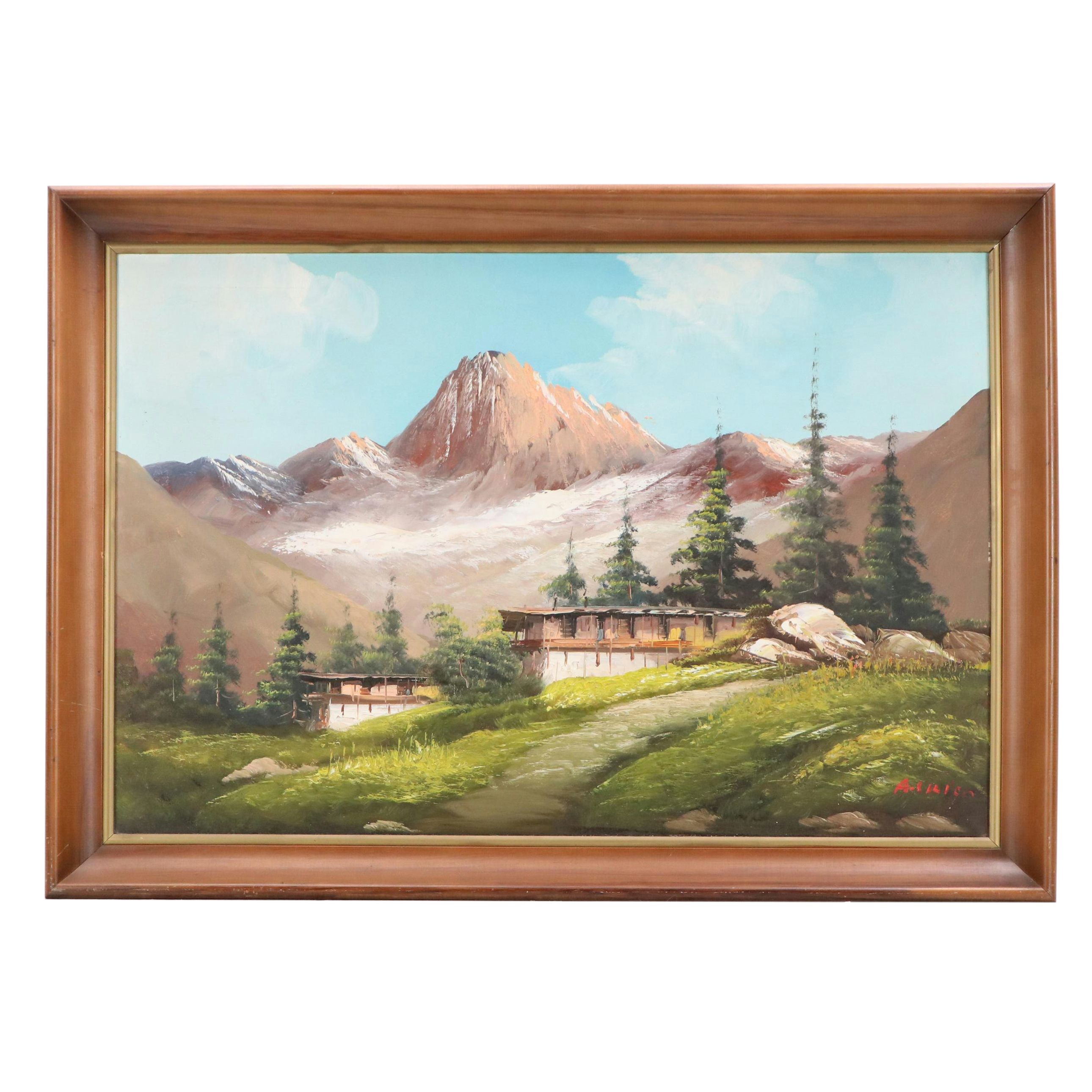 Oil Painting of Alpine Landscape With Chalets, Late 20th Century