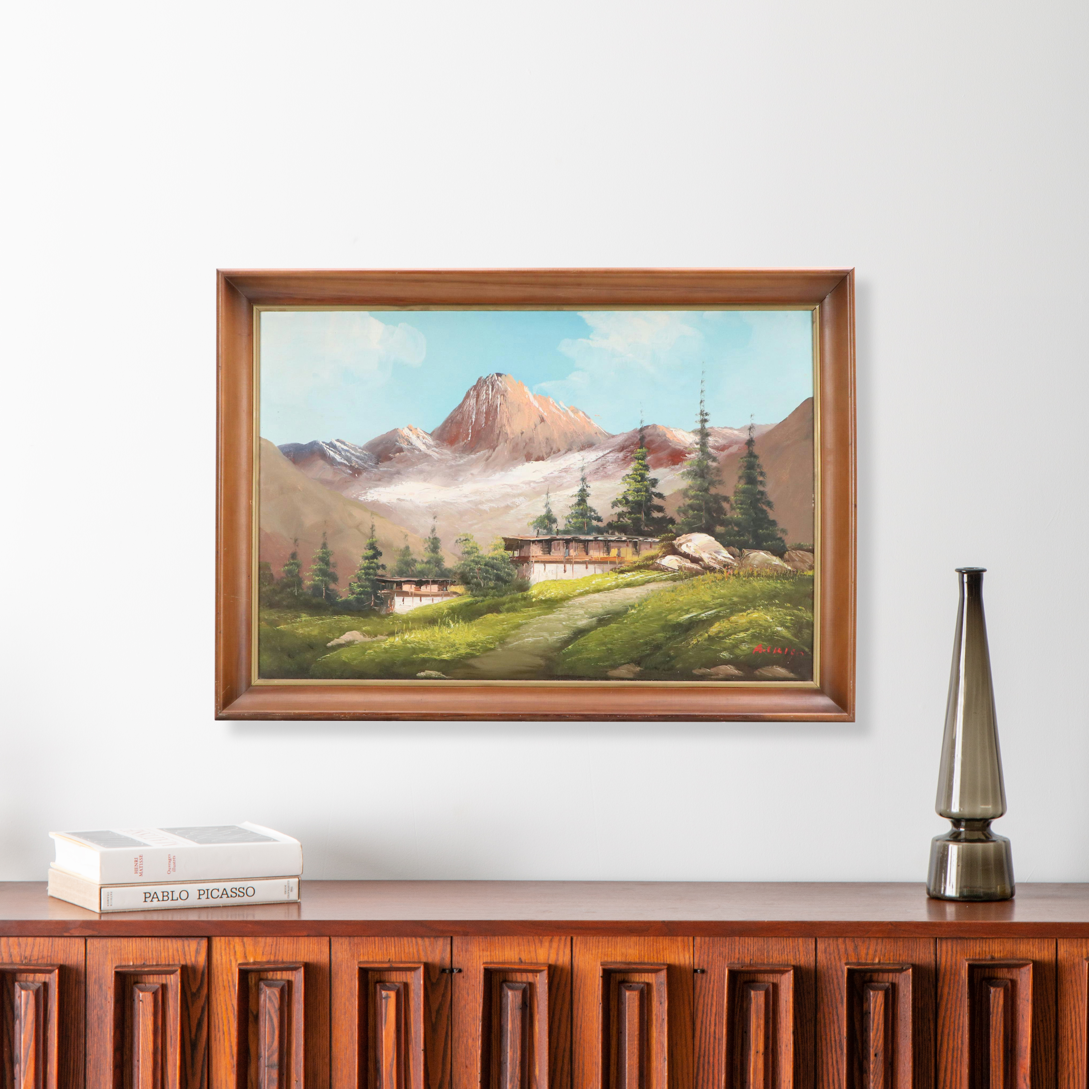 Oil Painting of Alpine Landscape With Chalets, Late 20th Century