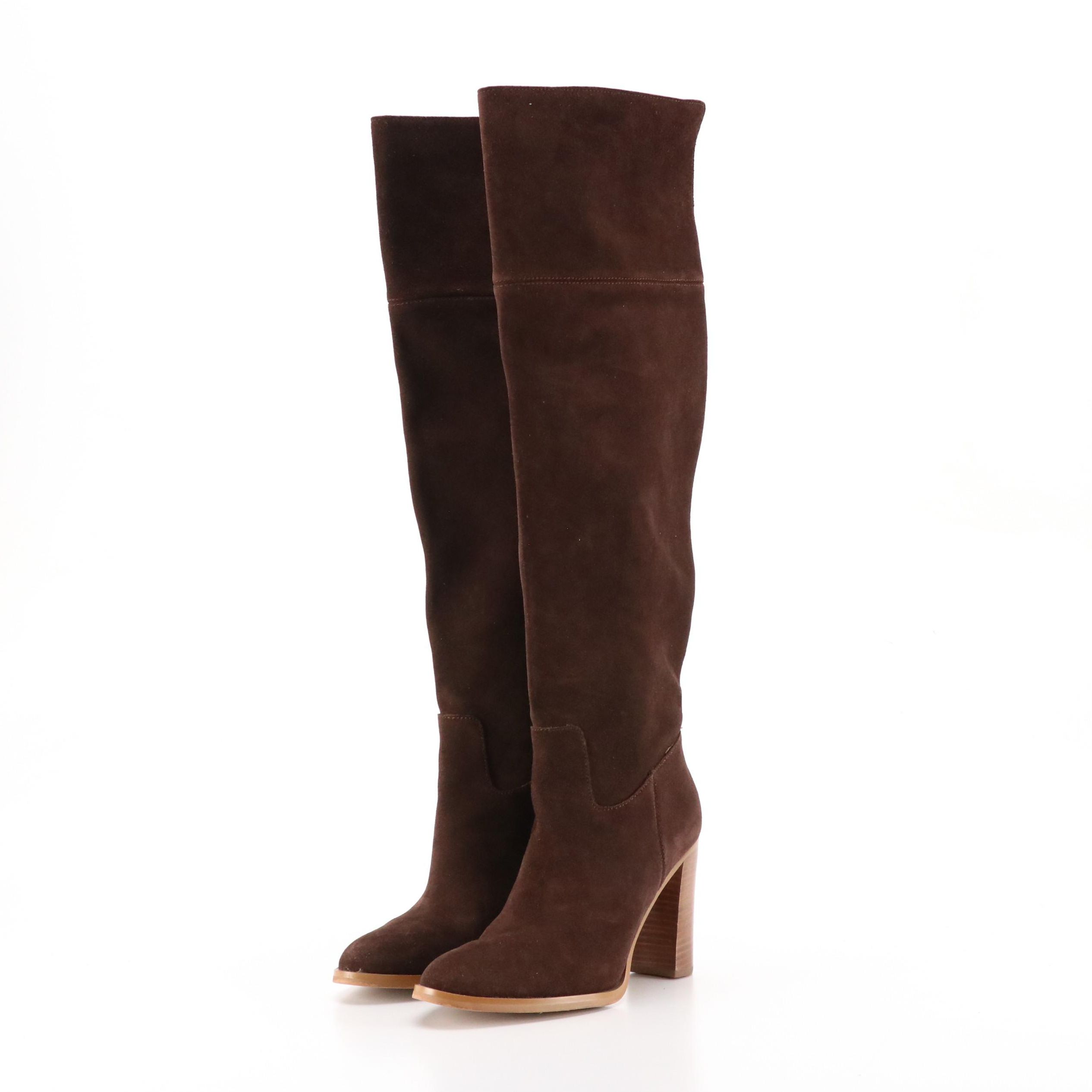 Michael Kors Regina Knee-High Heeled Boots in Dark Brown Suede Leather