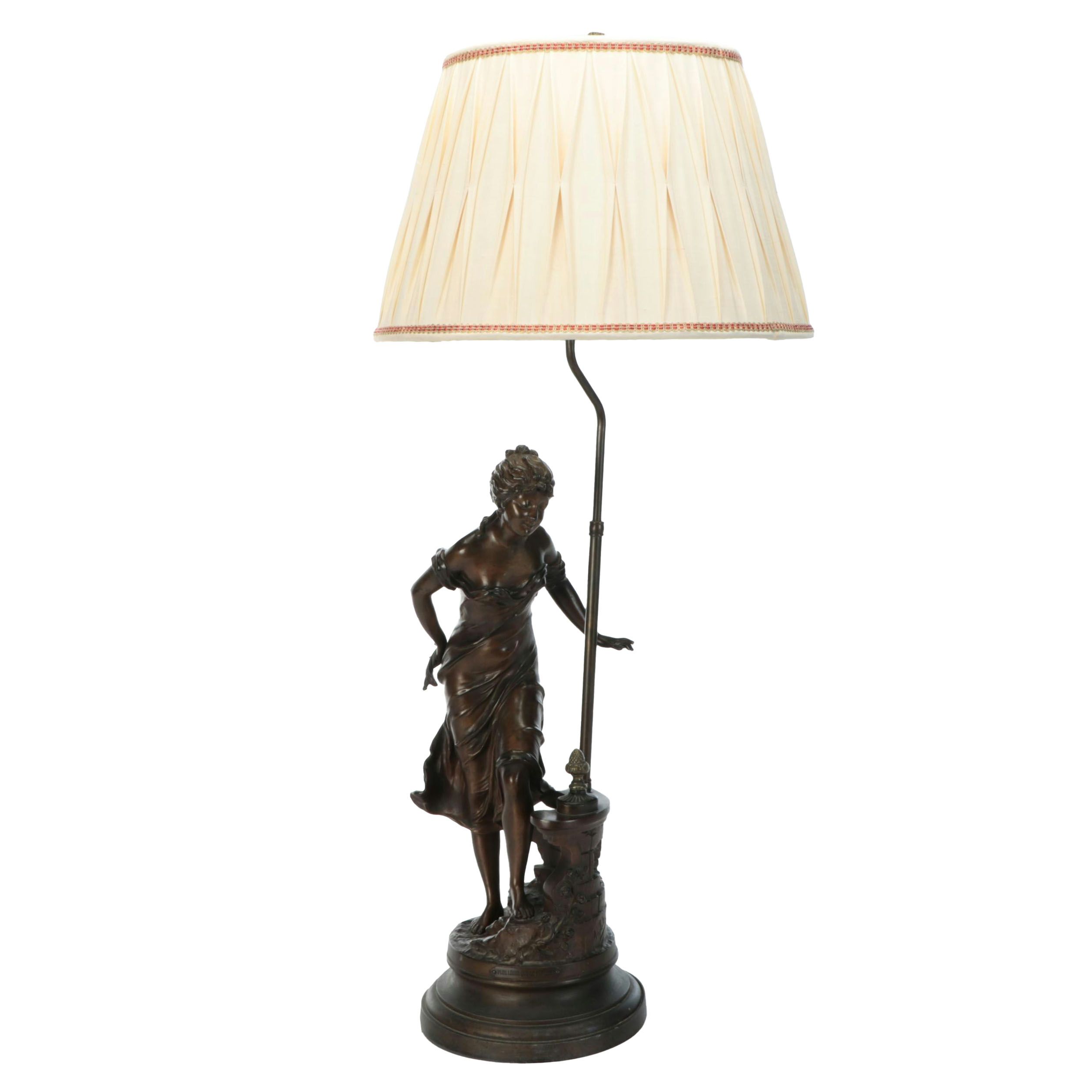 Art Nouveau Style Figural Table Lamp with Smocked Bell Shade
