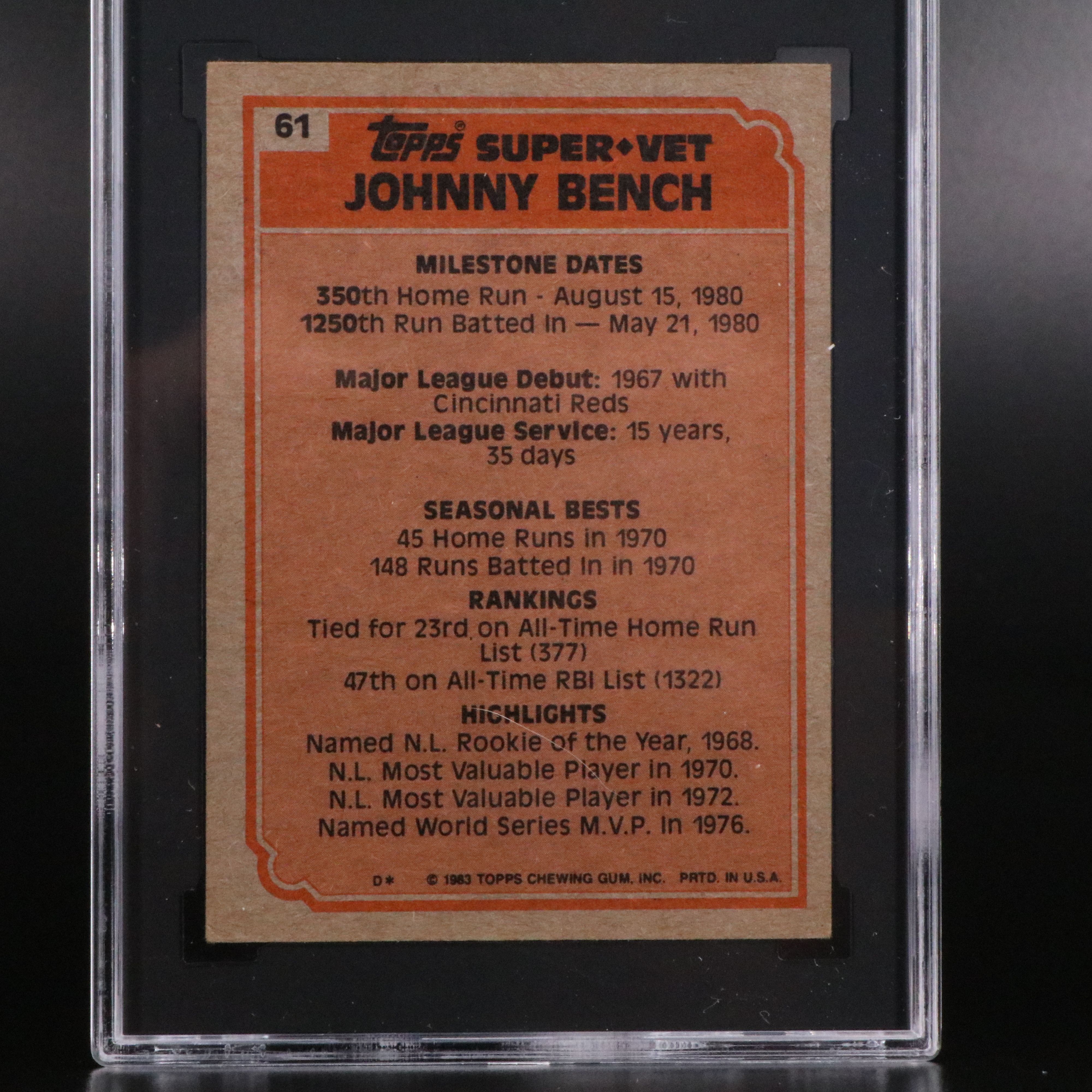 Johnny Bench SGC Graded Topps Cincinnati Reds Baseball Cards, 1980-1983