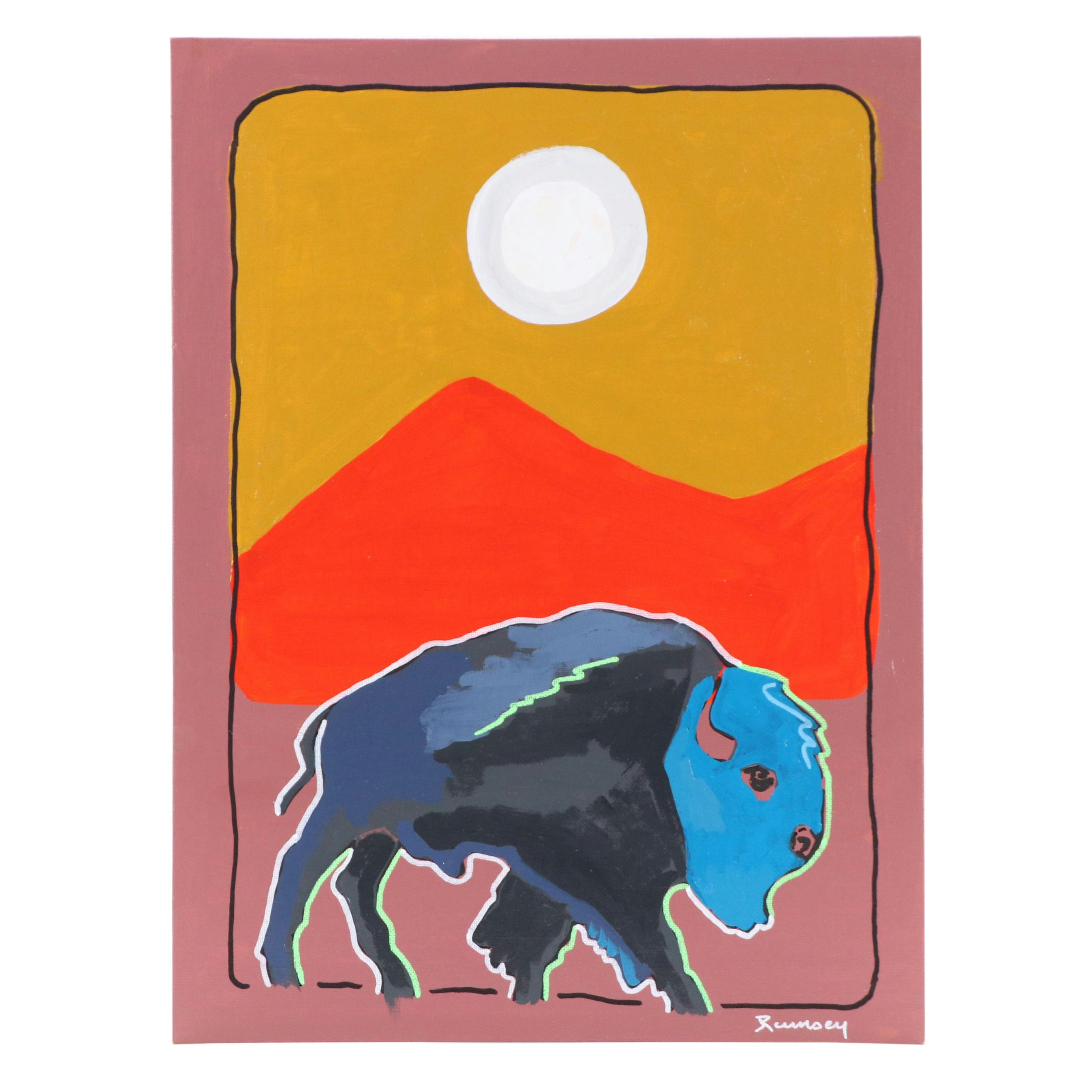 Joshua Ramsey Stylized Southwestern Acrylic Painting "Wandering Bison," 2025