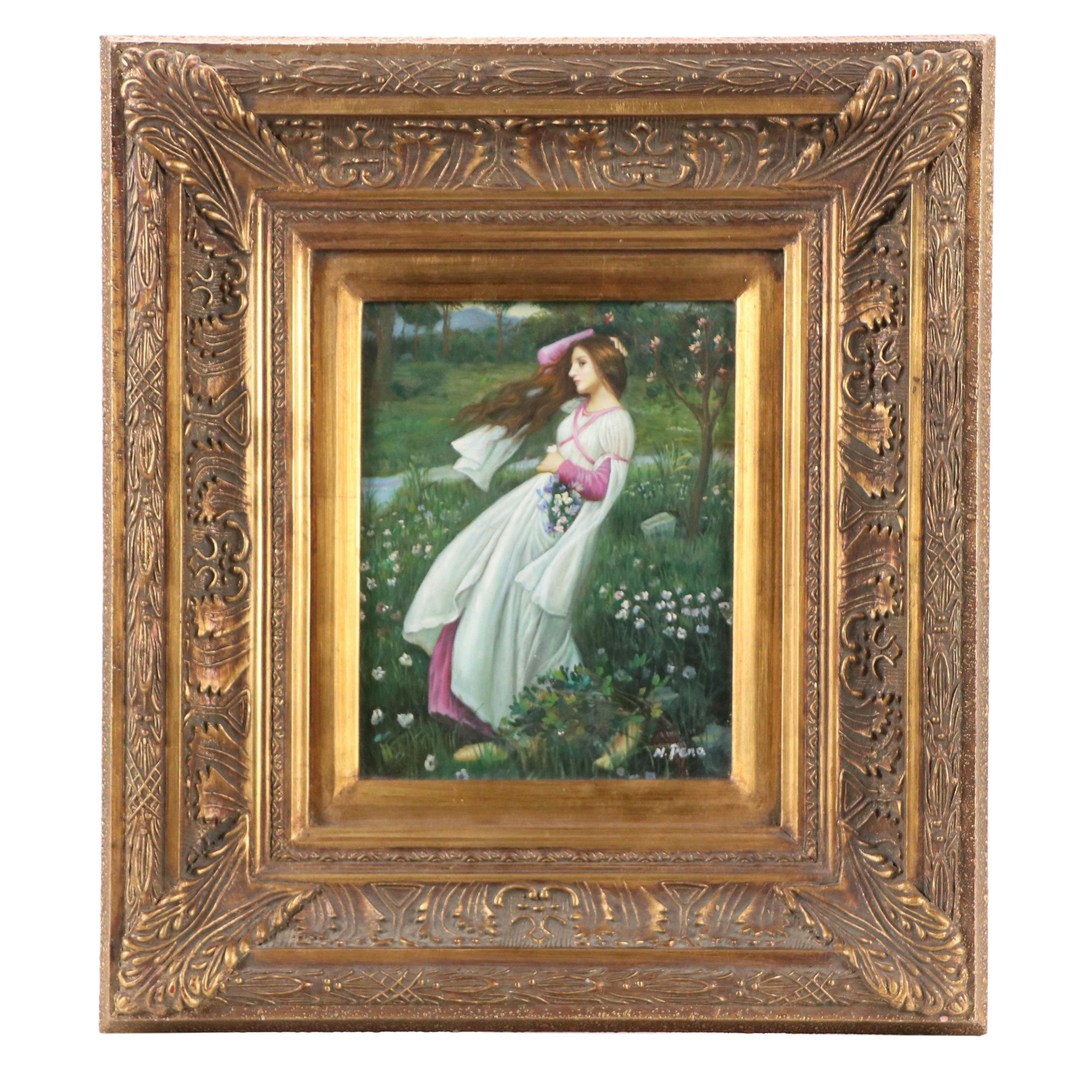 N. Pena Oil Painting of Young Woman Picking Flowers