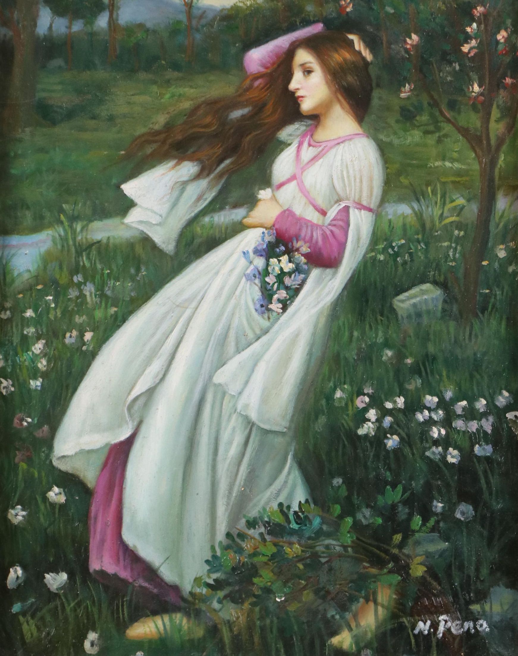 N. Pena Oil Painting of Young Woman Picking Flowers