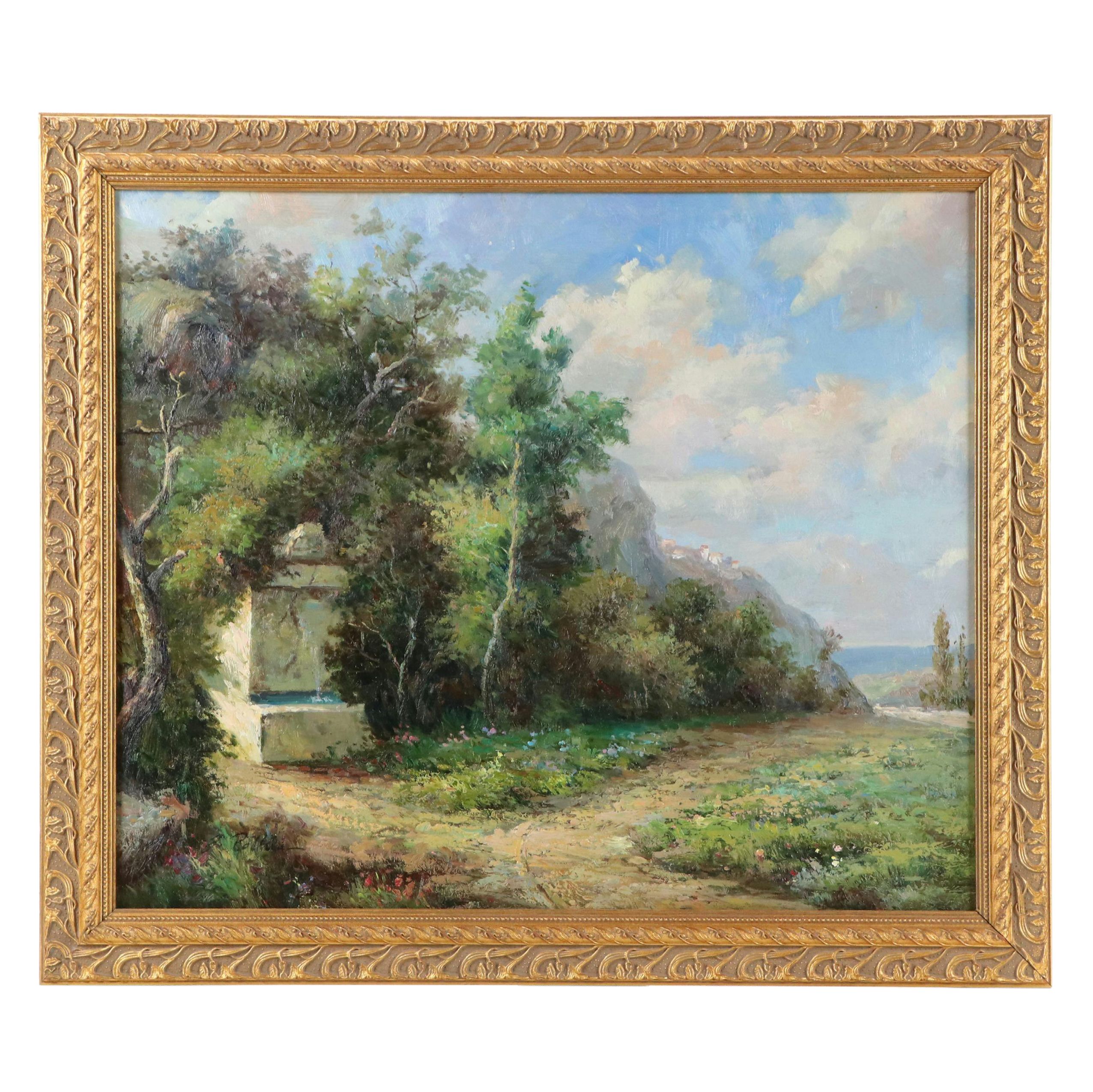 John Rollins Landscape Oil Painting with Stone Monument, Mid–Late 20th Century