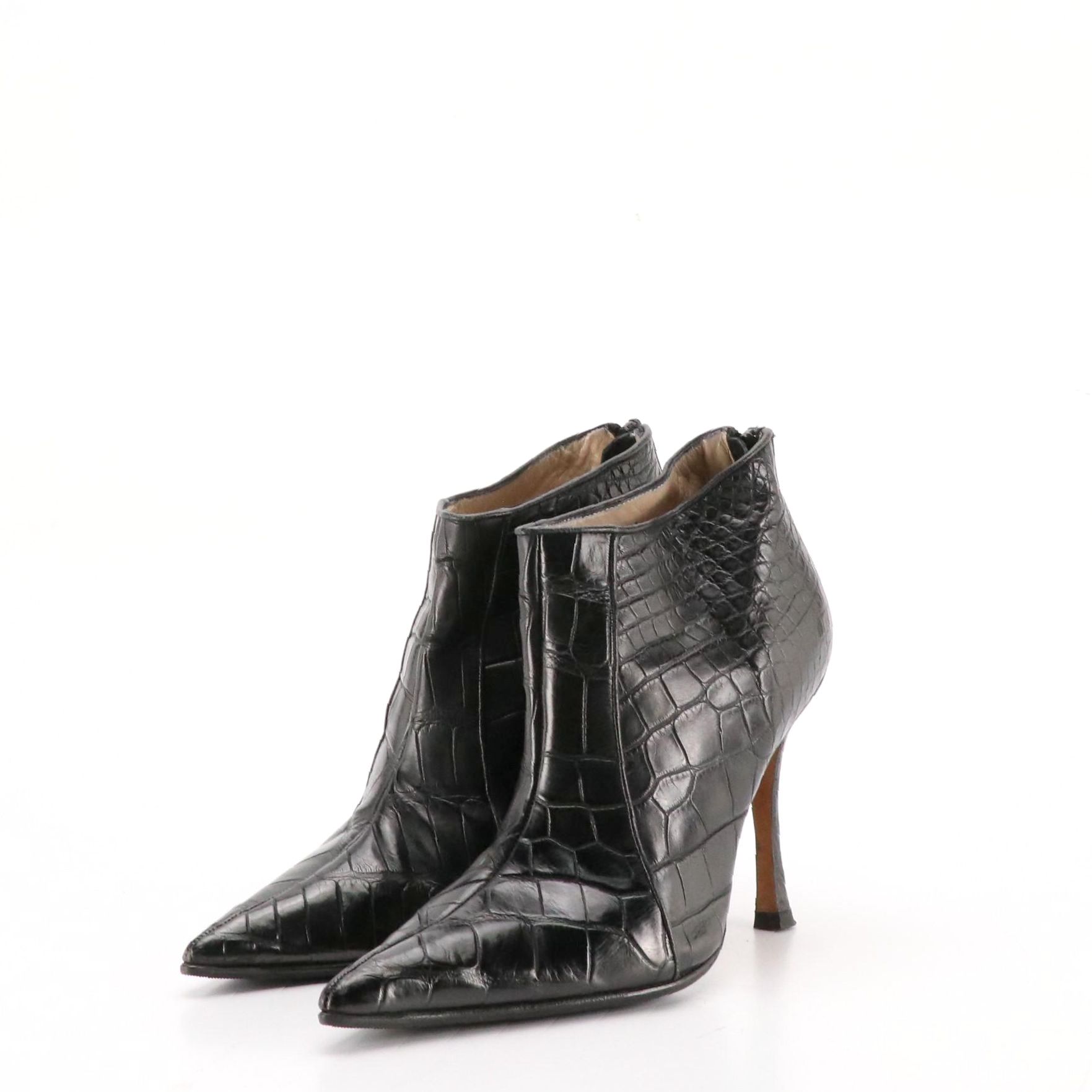 Manolo Blahnik Pointed-Toe Ankle Booties in Black Croc Embossed Leather