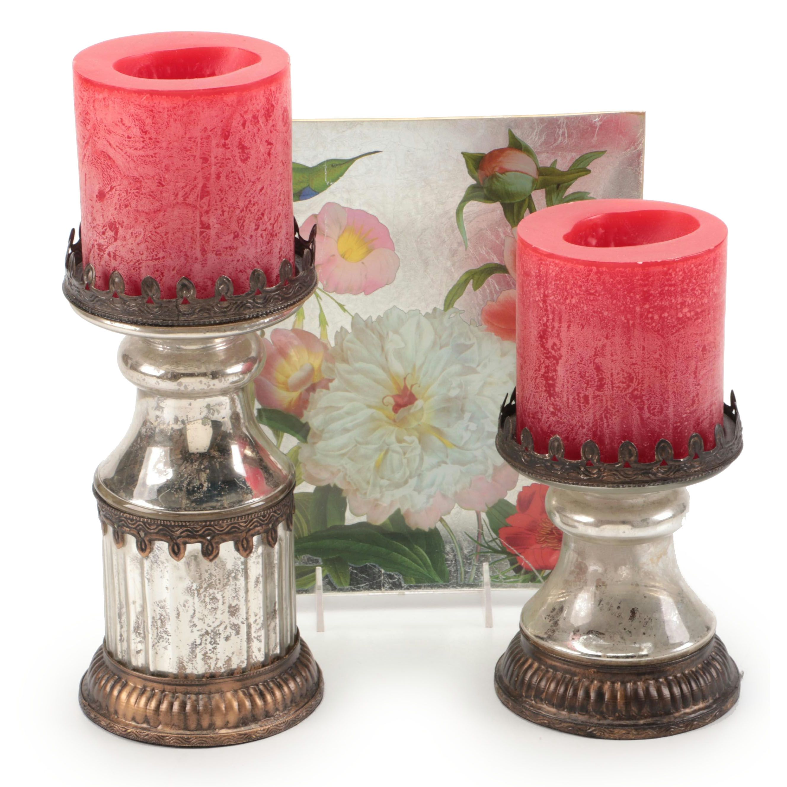 Pottery Barn Metal Pillar Candle Holders and Floral Glass Plate