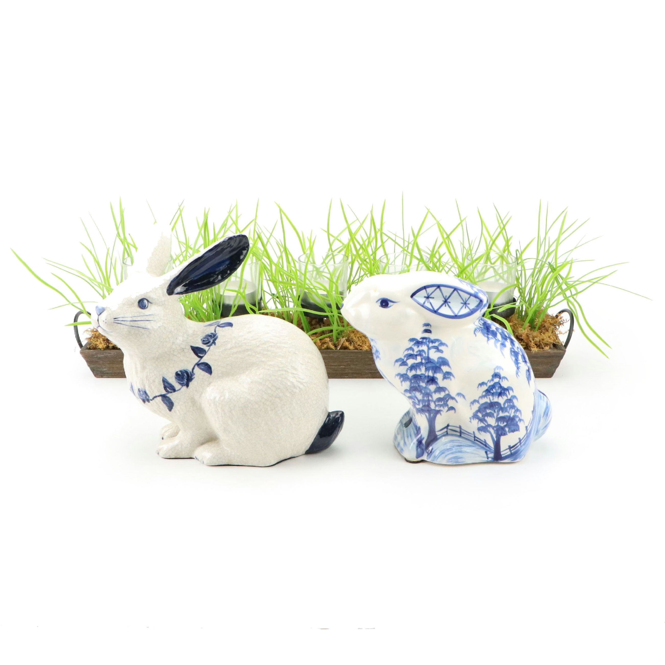 Dedham and Gail Pittman Ceramic Rabbits with Spring Grass Votive Candle Holder