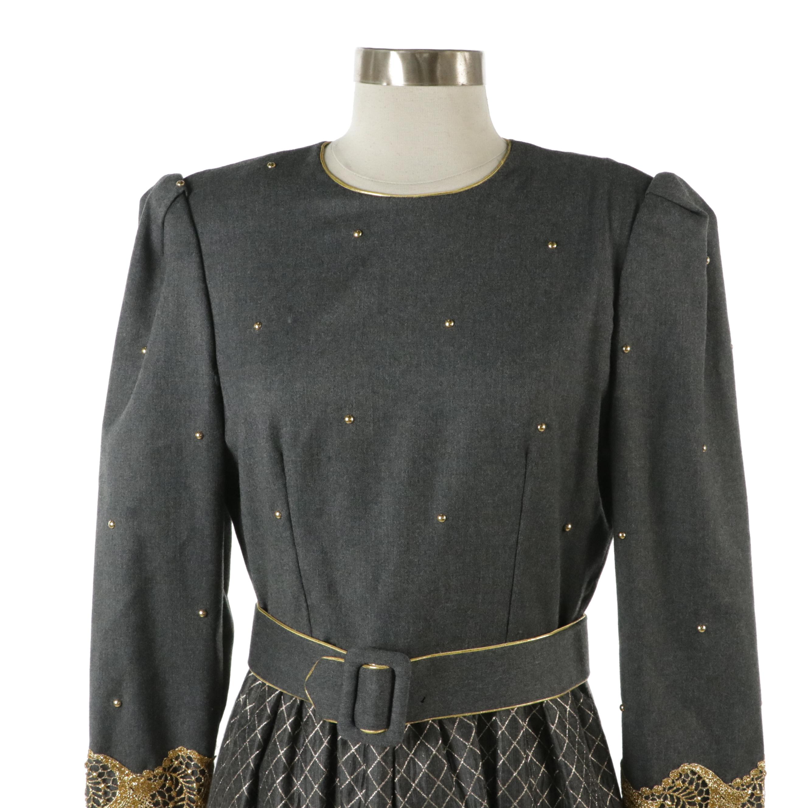 William Pearson Vintage Embellished Grey Wool Dress, Other Black Lace Gown