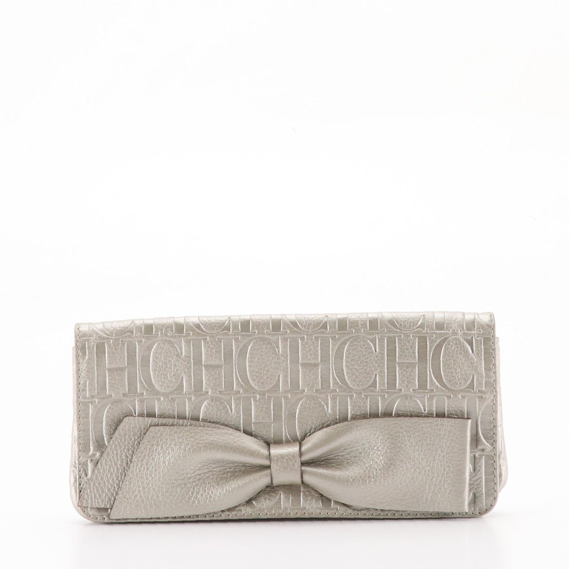 Carolina Herrera Audrey Bow Clutch in Silver Metallic Embossed Calfskin Leather