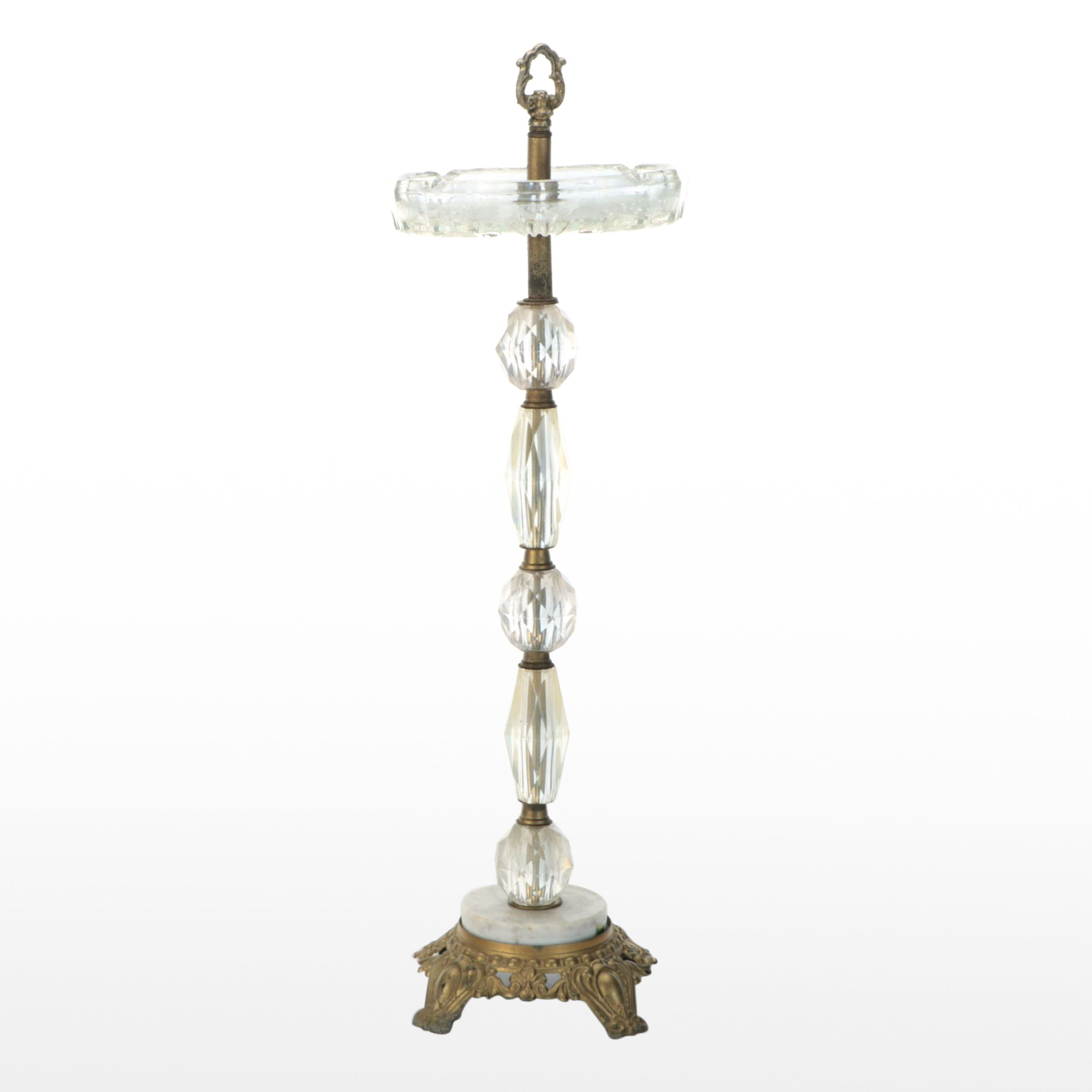 Victorian Style Pedestal Glass Ashtray on Brass and Marble Base