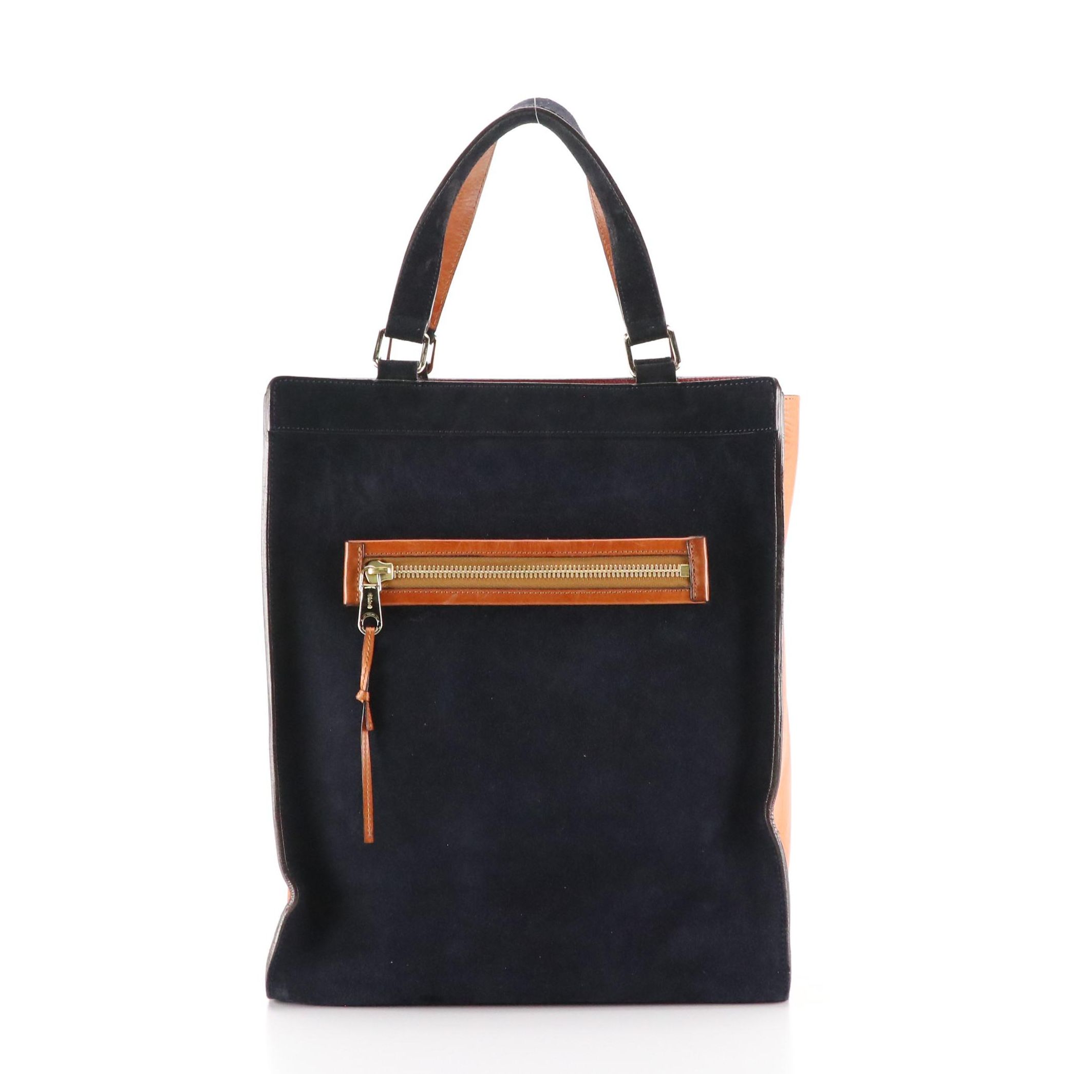 Chloé Lina Tote Bag in Ink Blue Suede and Caramel Brown Leather