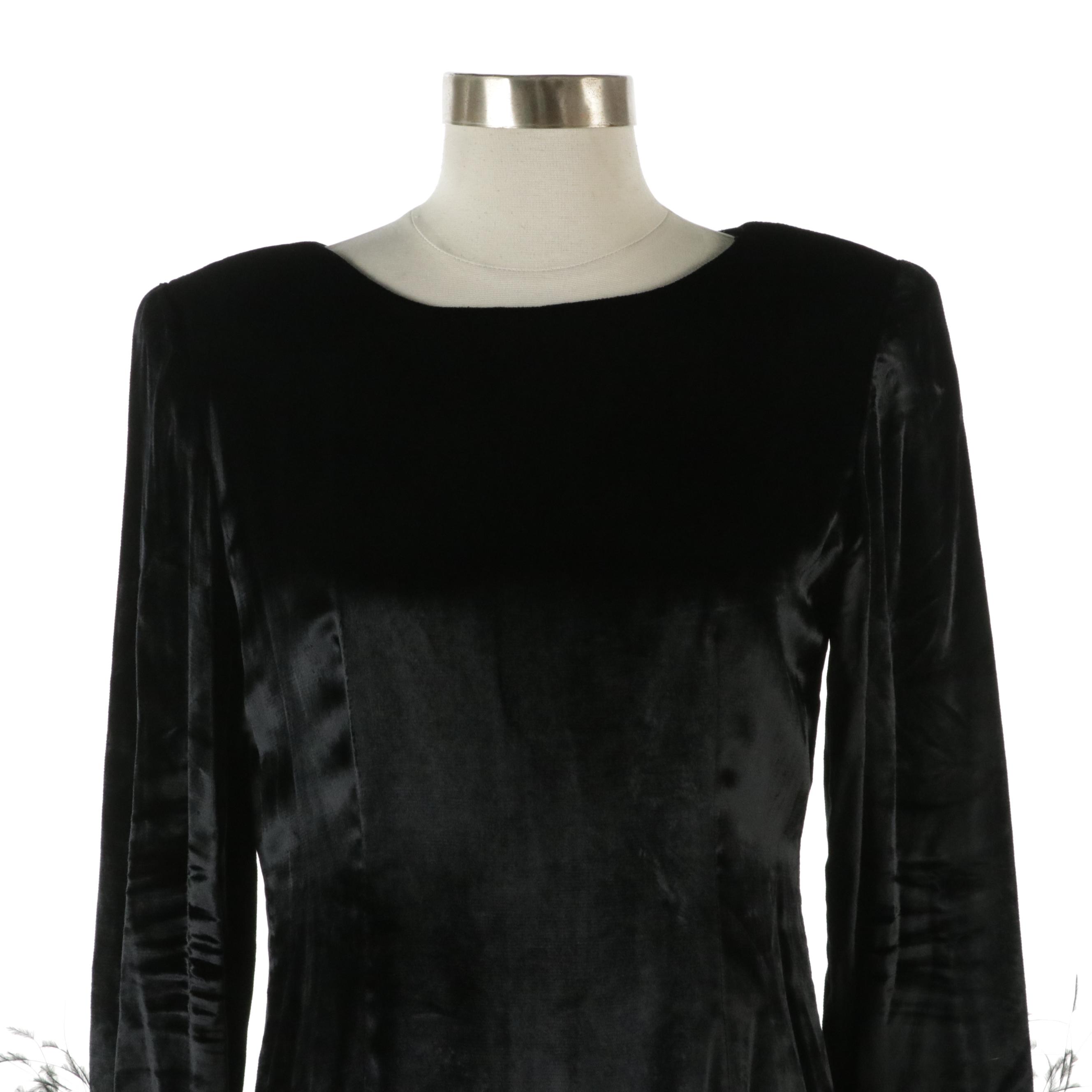 Tarquin Ebker Vintage Black Feather Trimmed Velvet Gown, 1970s