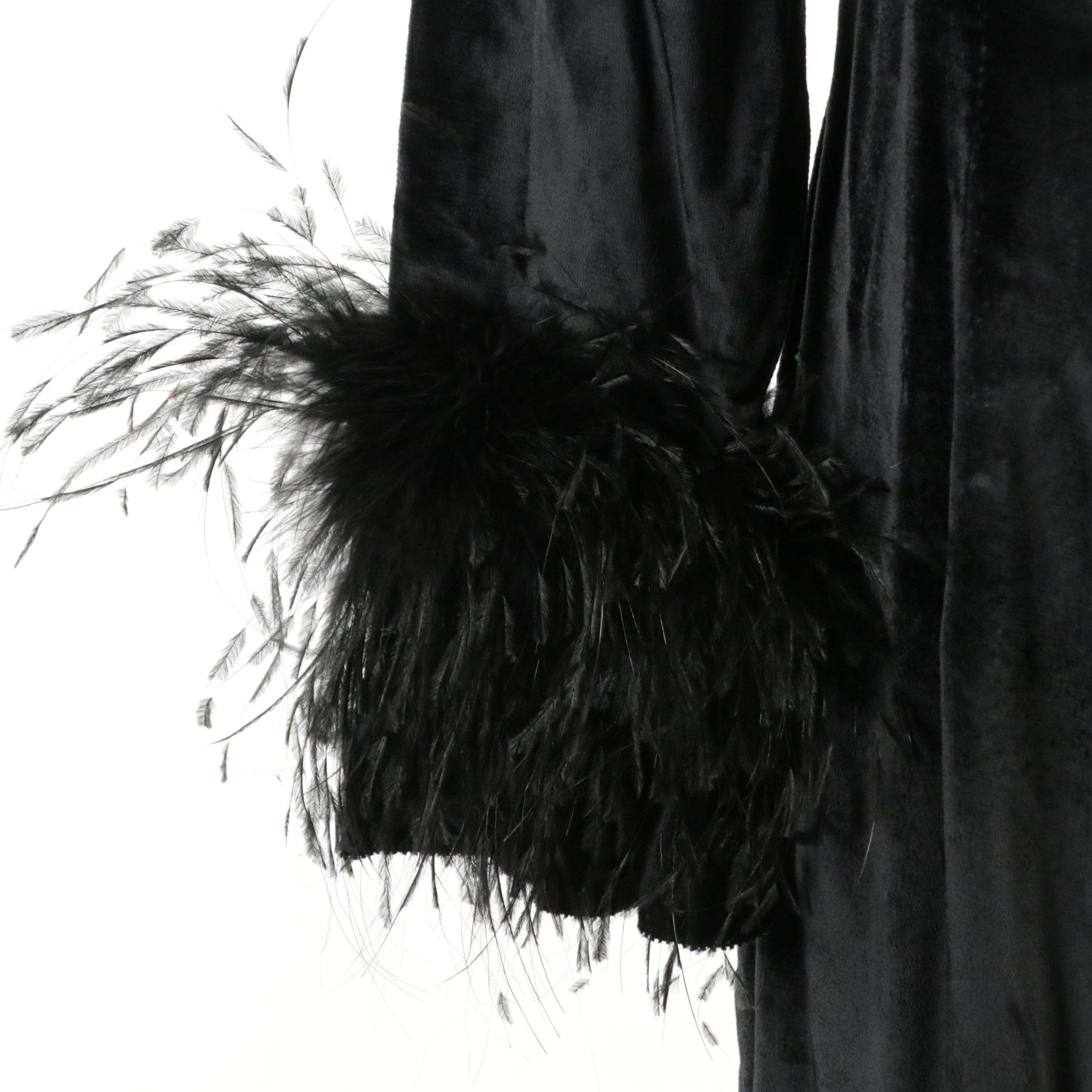 Tarquin Ebker Vintage Black Feather Trimmed Velvet Gown, 1970s