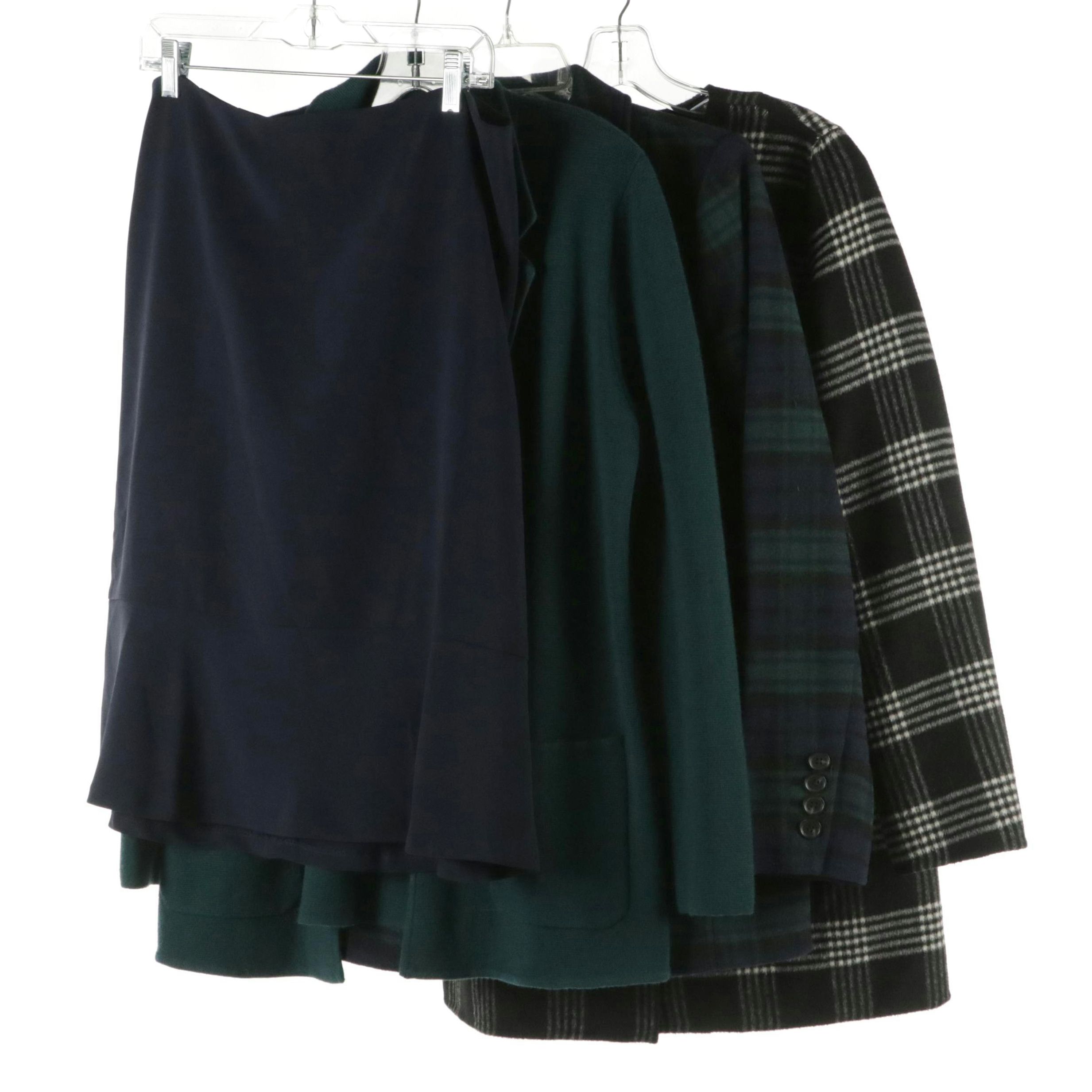 Talbots Flounce Hem Skirt, Plaid Blazer, Knit Jacket, and Double-Face Car Coat