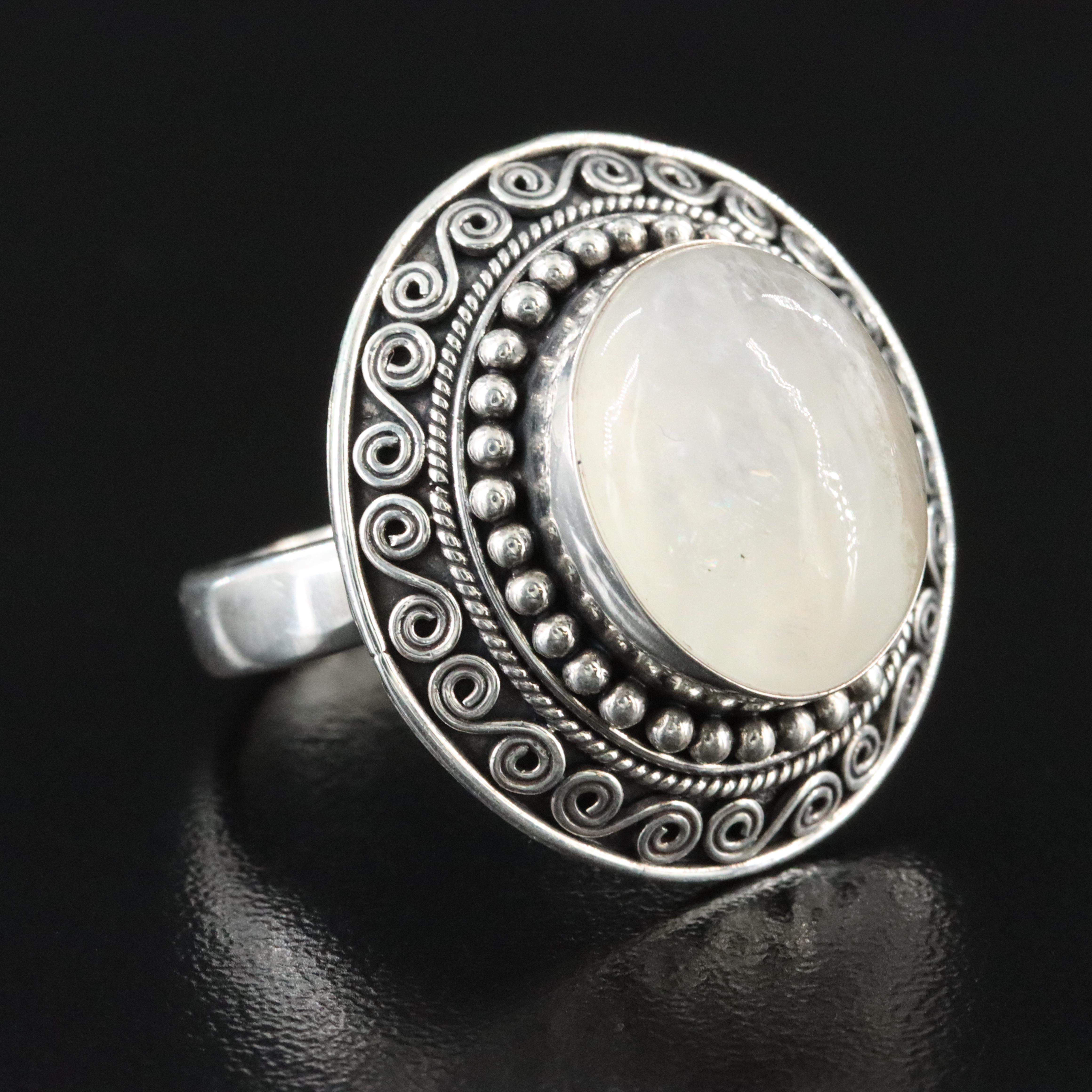 Sterling Rainbow Moonstone Appliqué Ring