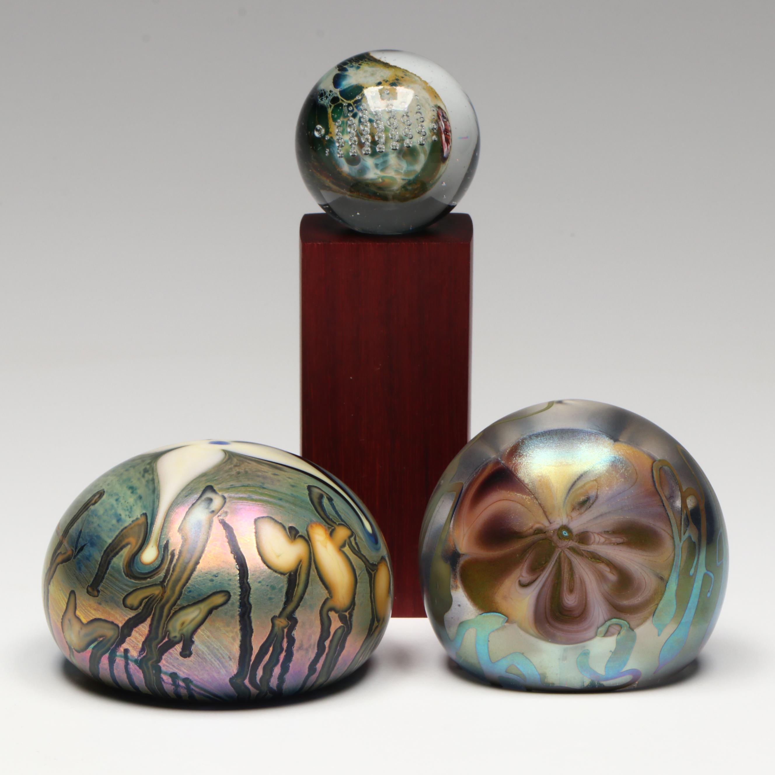 Josh Simpson and Stephen Fellerman Art Glass Paperweights with Marble on Stand