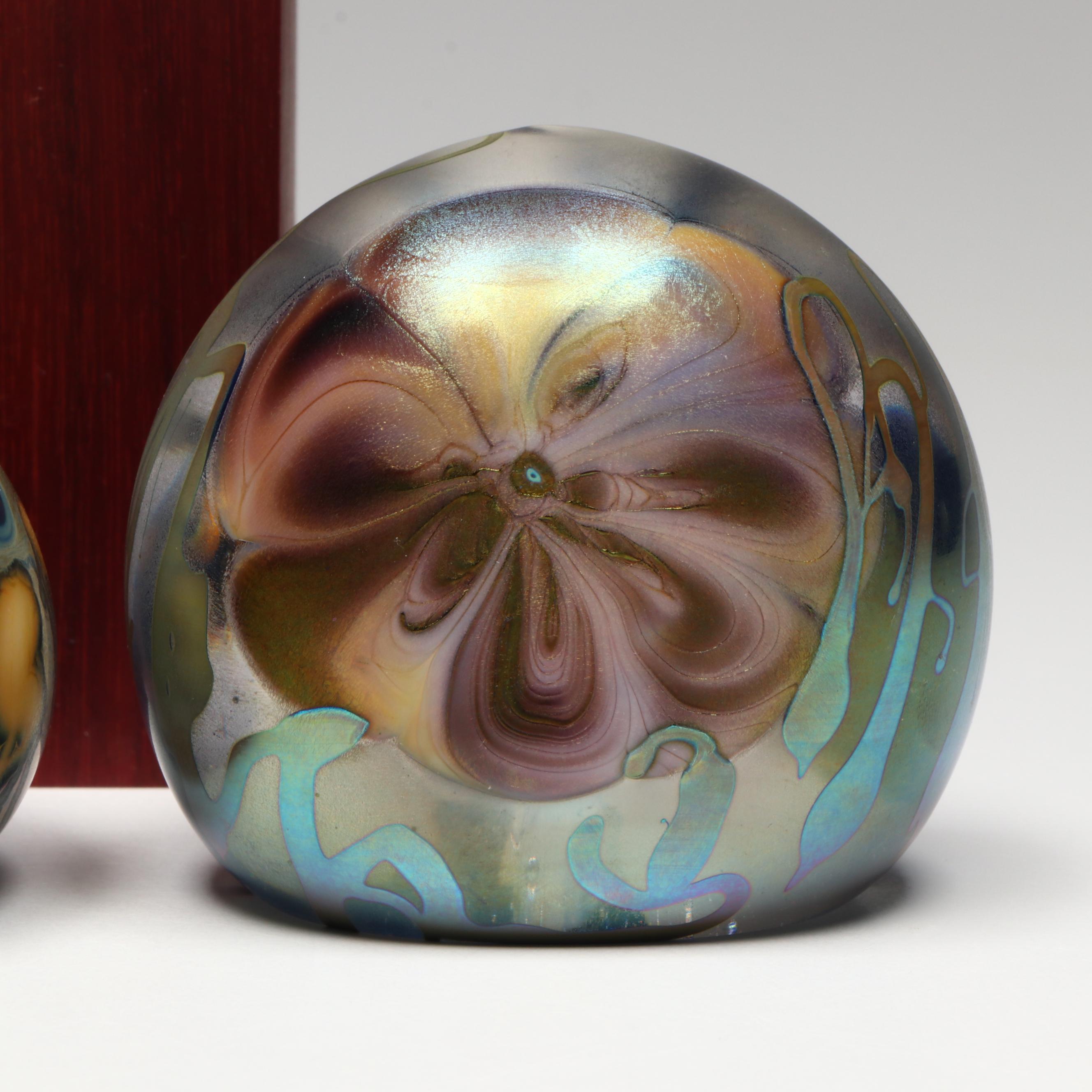 Josh Simpson and Stephen Fellerman Art Glass Paperweights with Marble on Stand