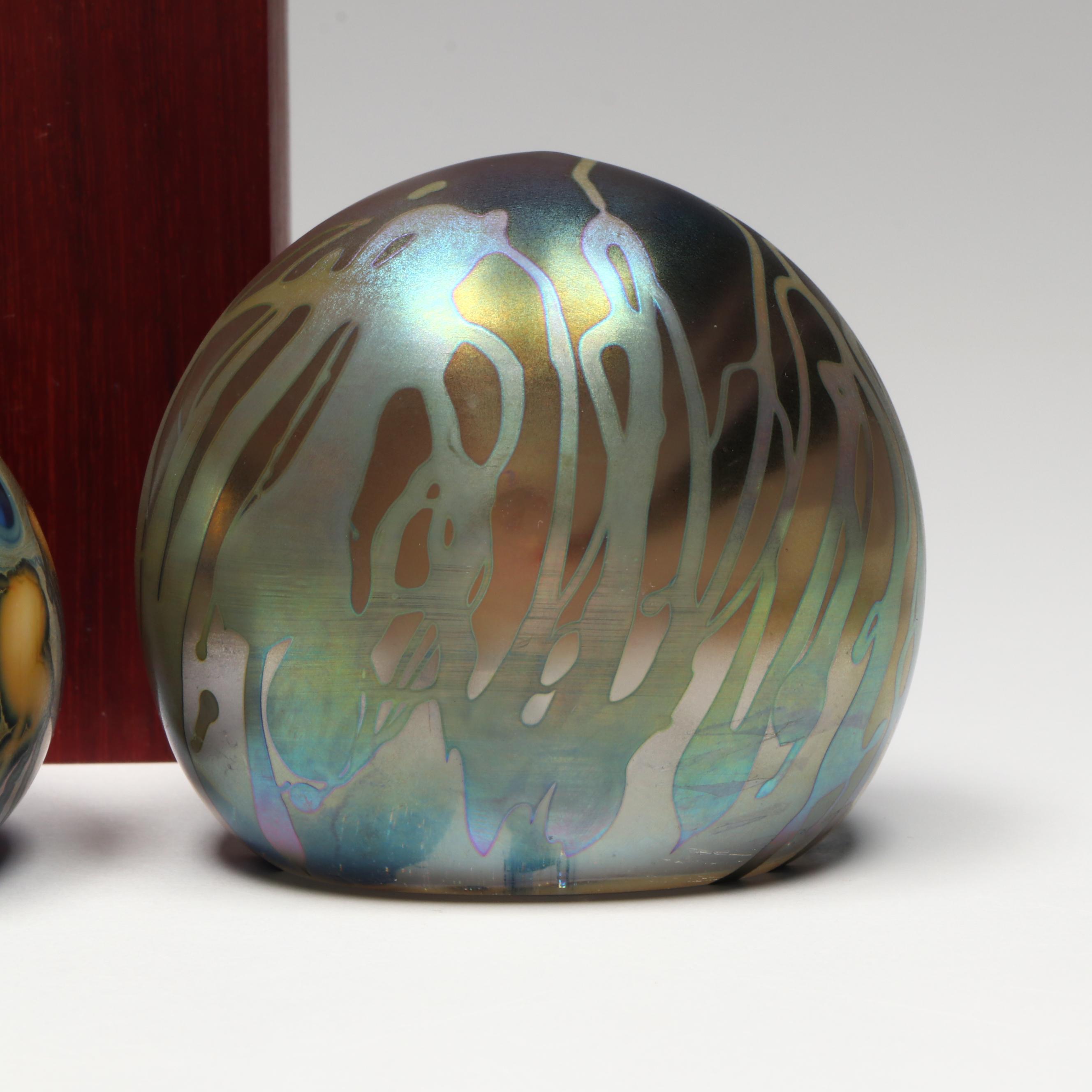 Josh Simpson and Stephen Fellerman Art Glass Paperweights with Marble on Stand