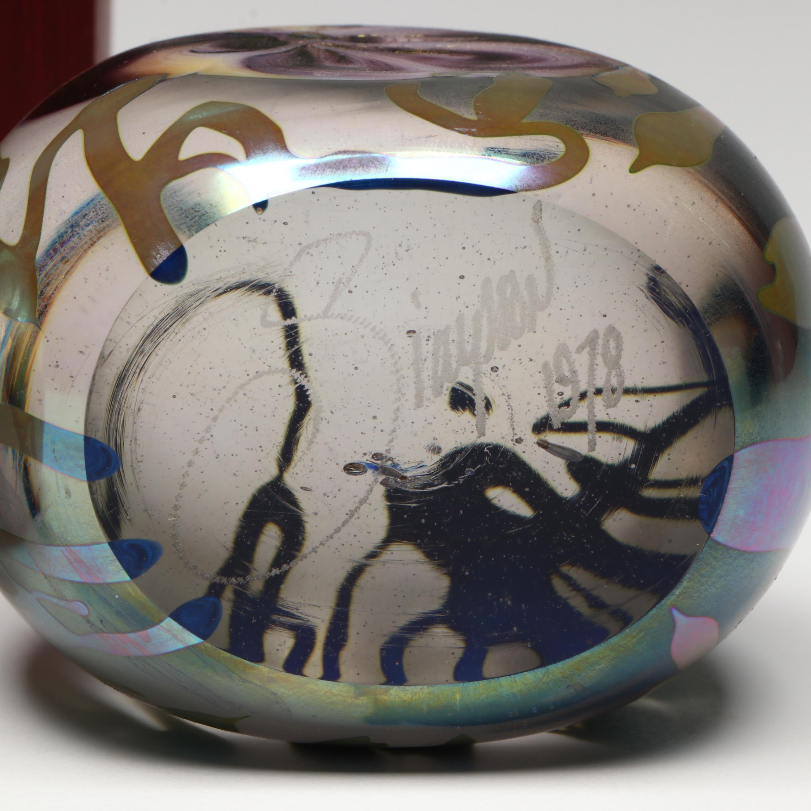 Josh Simpson and Stephen Fellerman Art Glass Paperweights with Marble on Stand