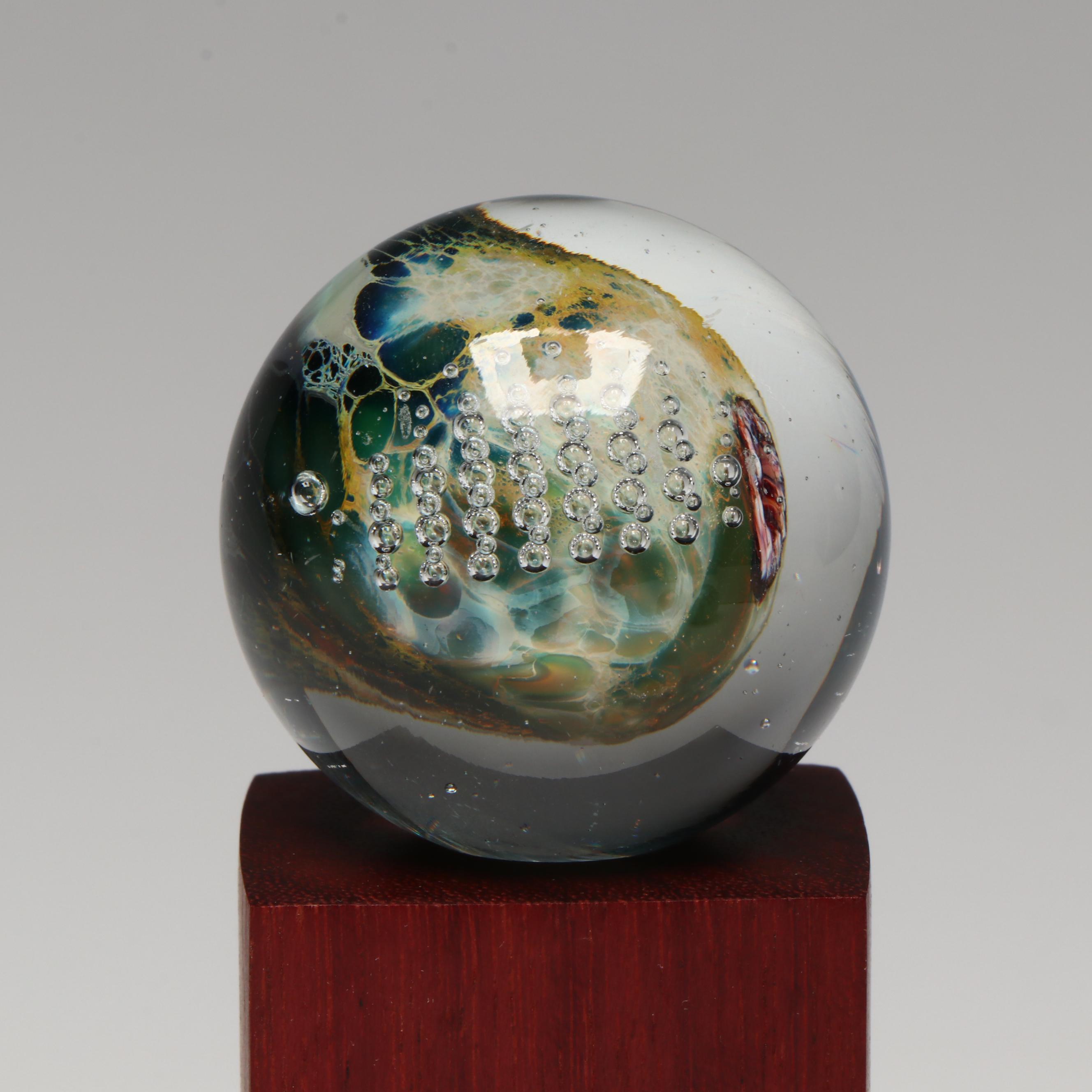 Josh Simpson and Stephen Fellerman Art Glass Paperweights with Marble on Stand