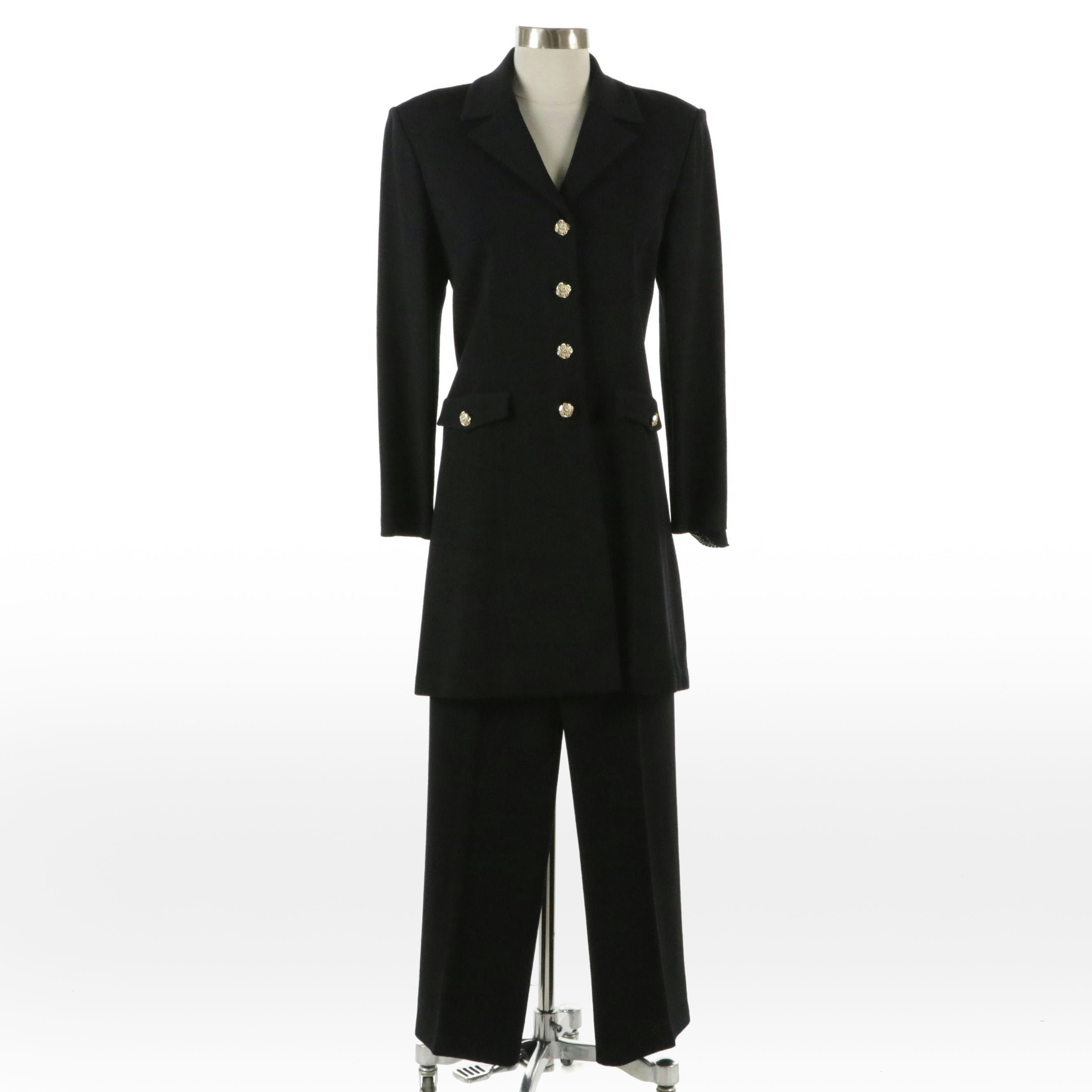 St. John Collection Black Knit Long Button Front Jacket and Straight-Leg Pants