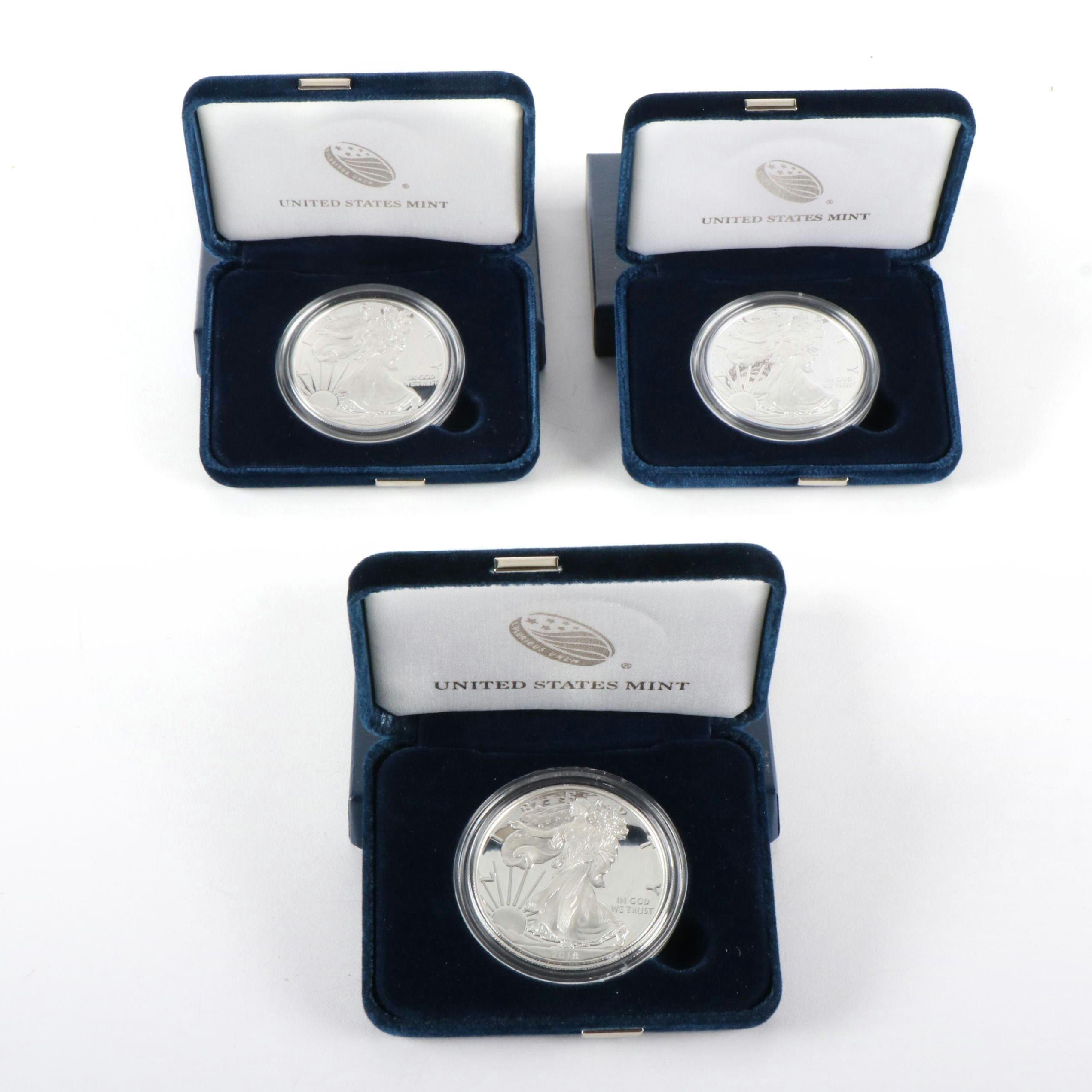 Three U.S. Silver Eagle Proof Coins 2015, 2016, and 2018