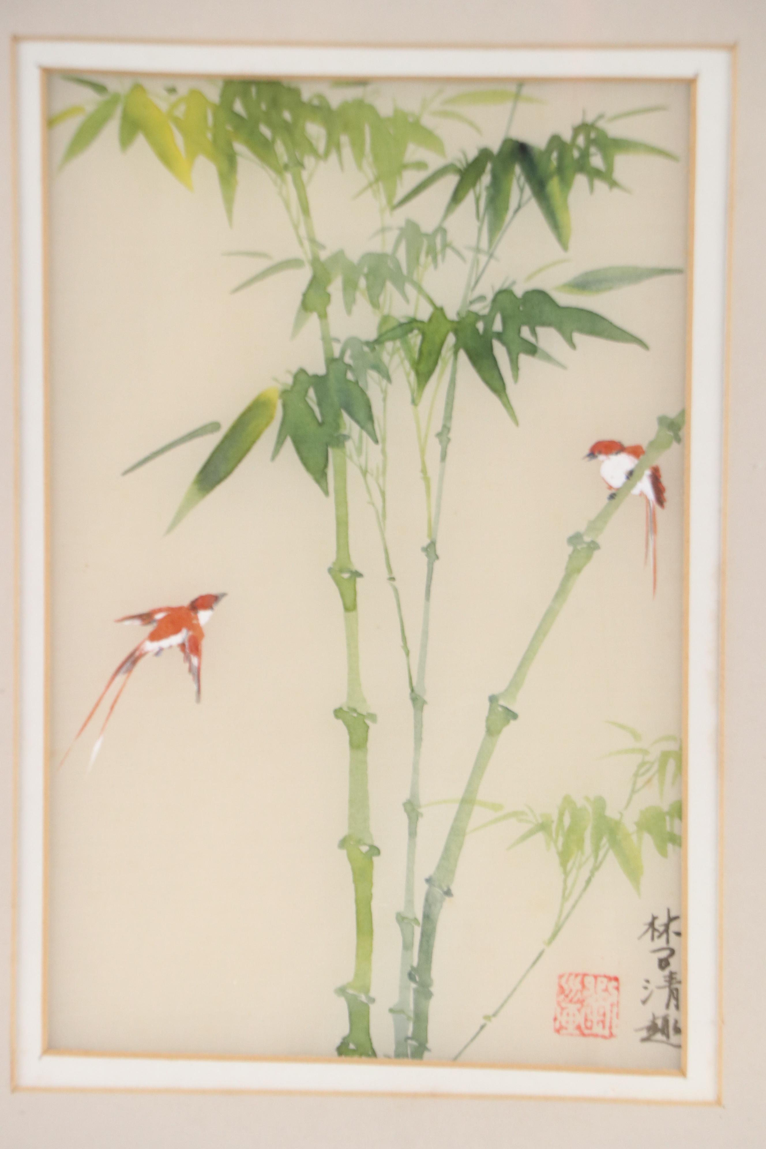 Chinese School Gouache Painting on Silk of Birds and Bamboo