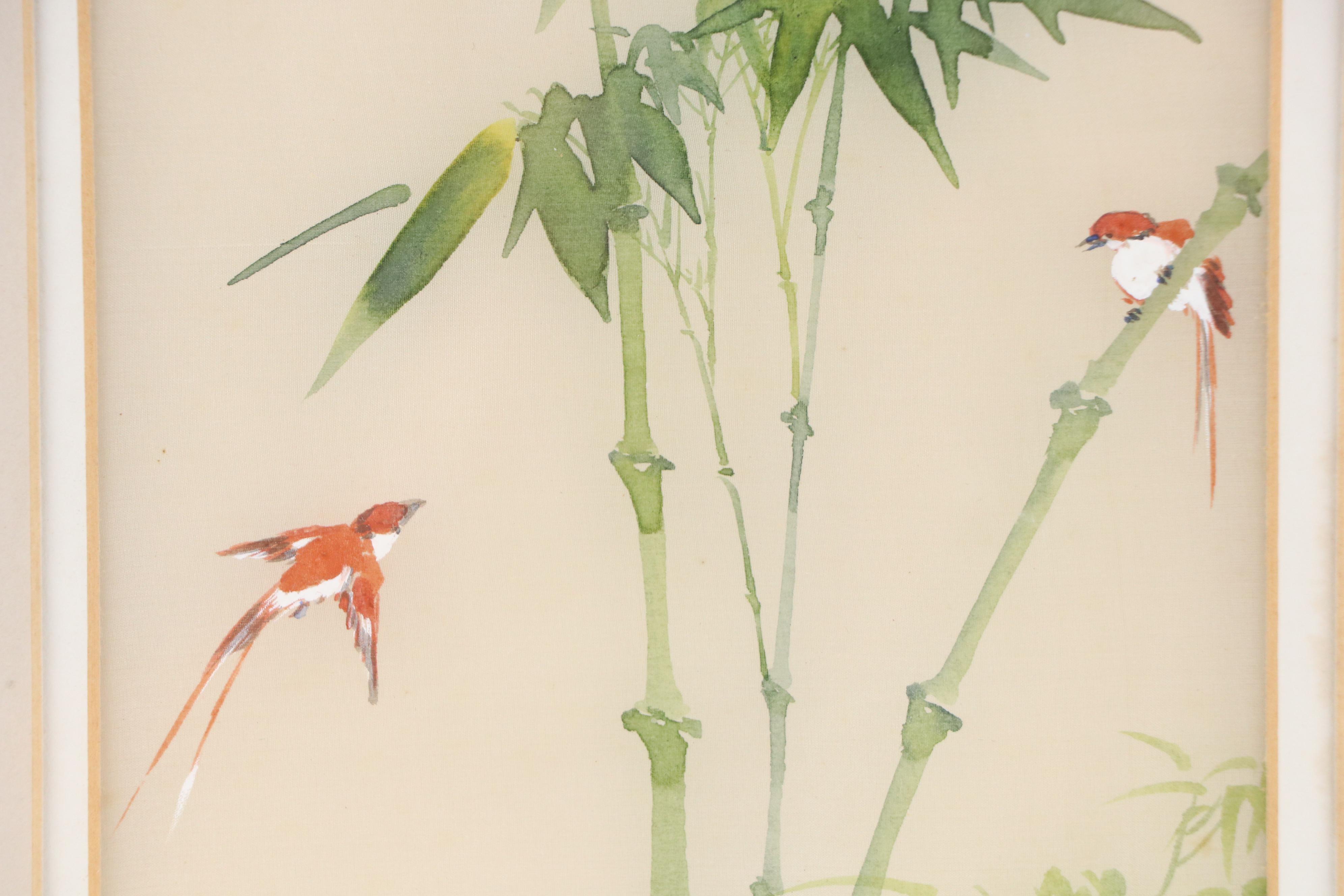 Chinese School Gouache Painting on Silk of Birds and Bamboo