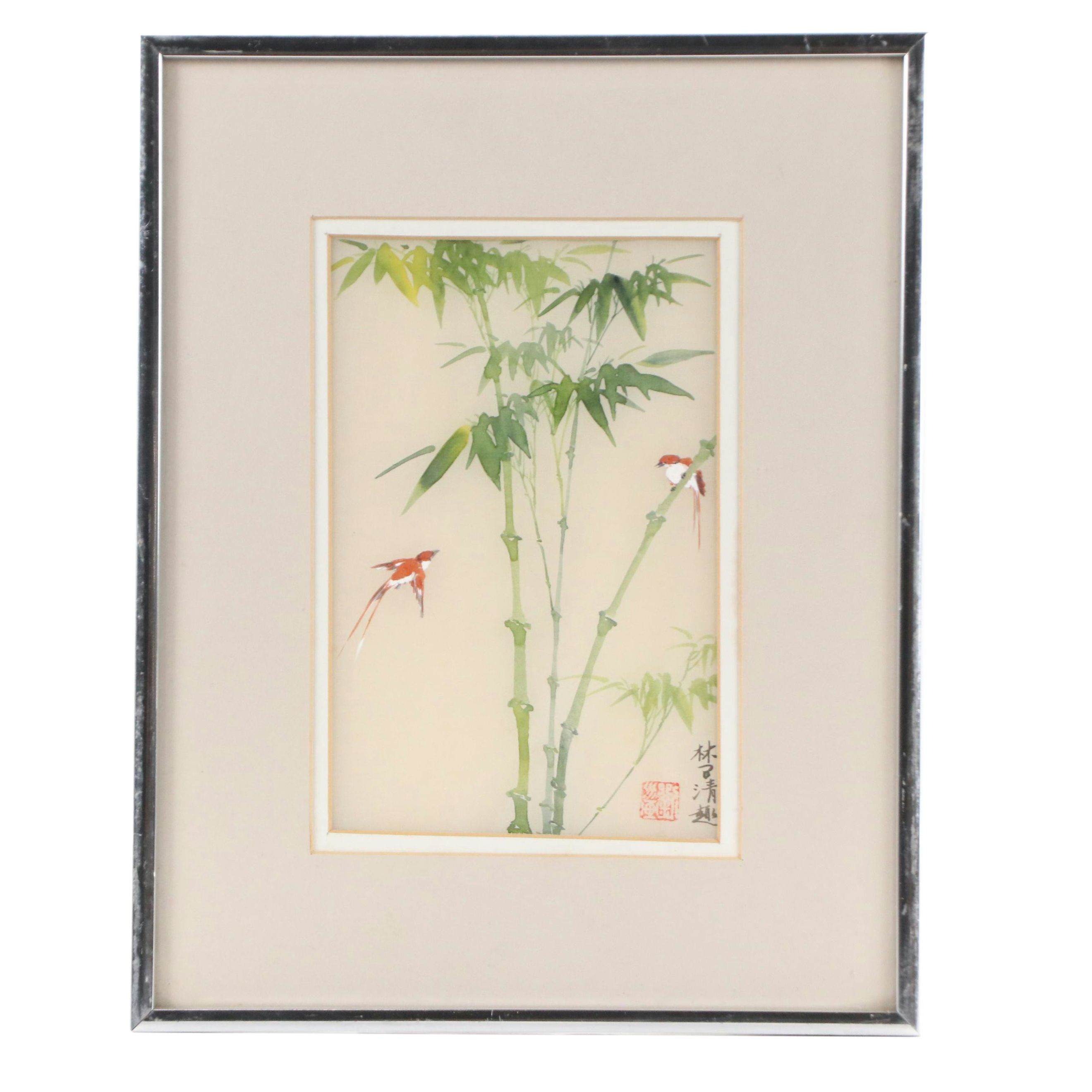 Chinese School Gouache Painting on Silk of Birds and Bamboo