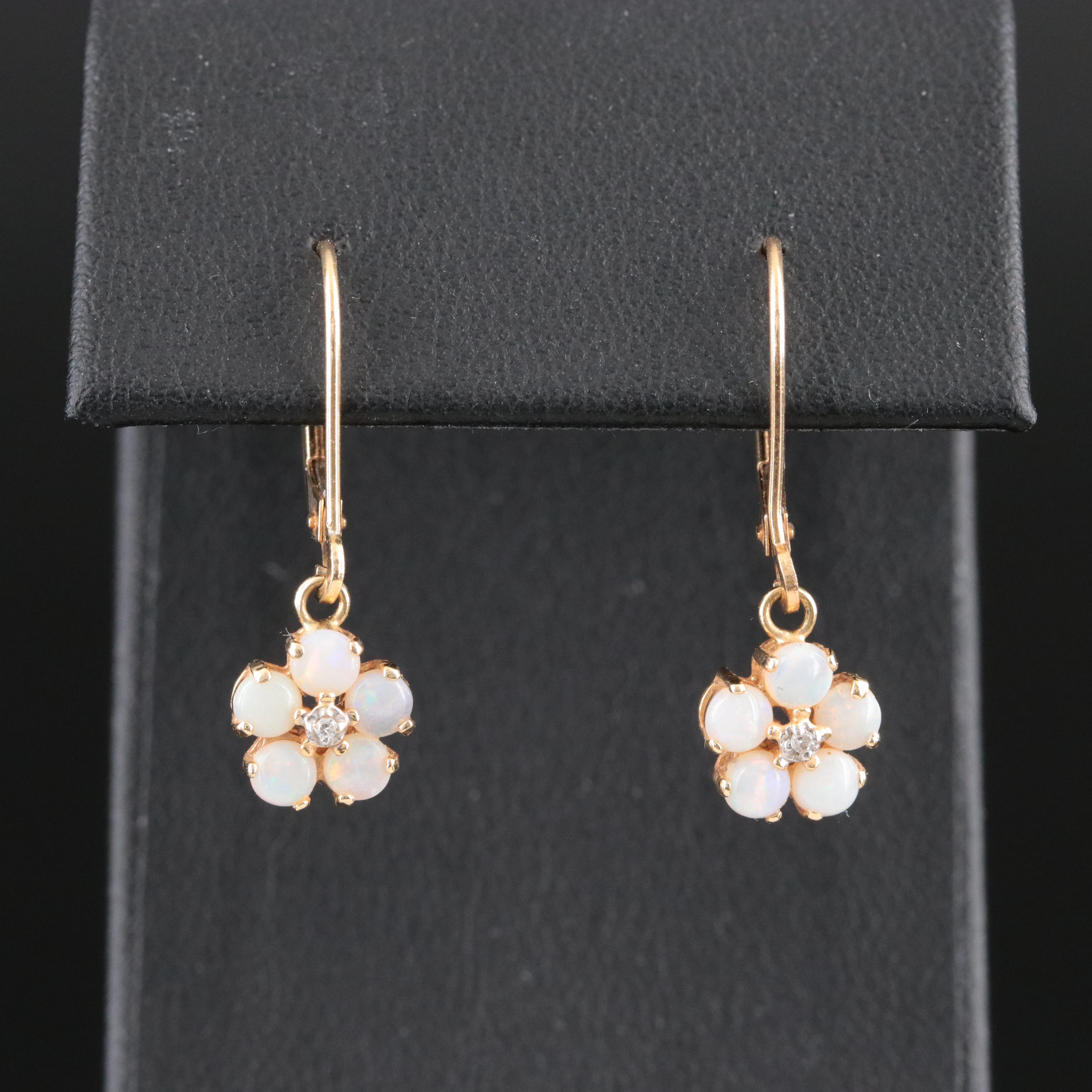 14K Opal and Diamond Flower Earrings