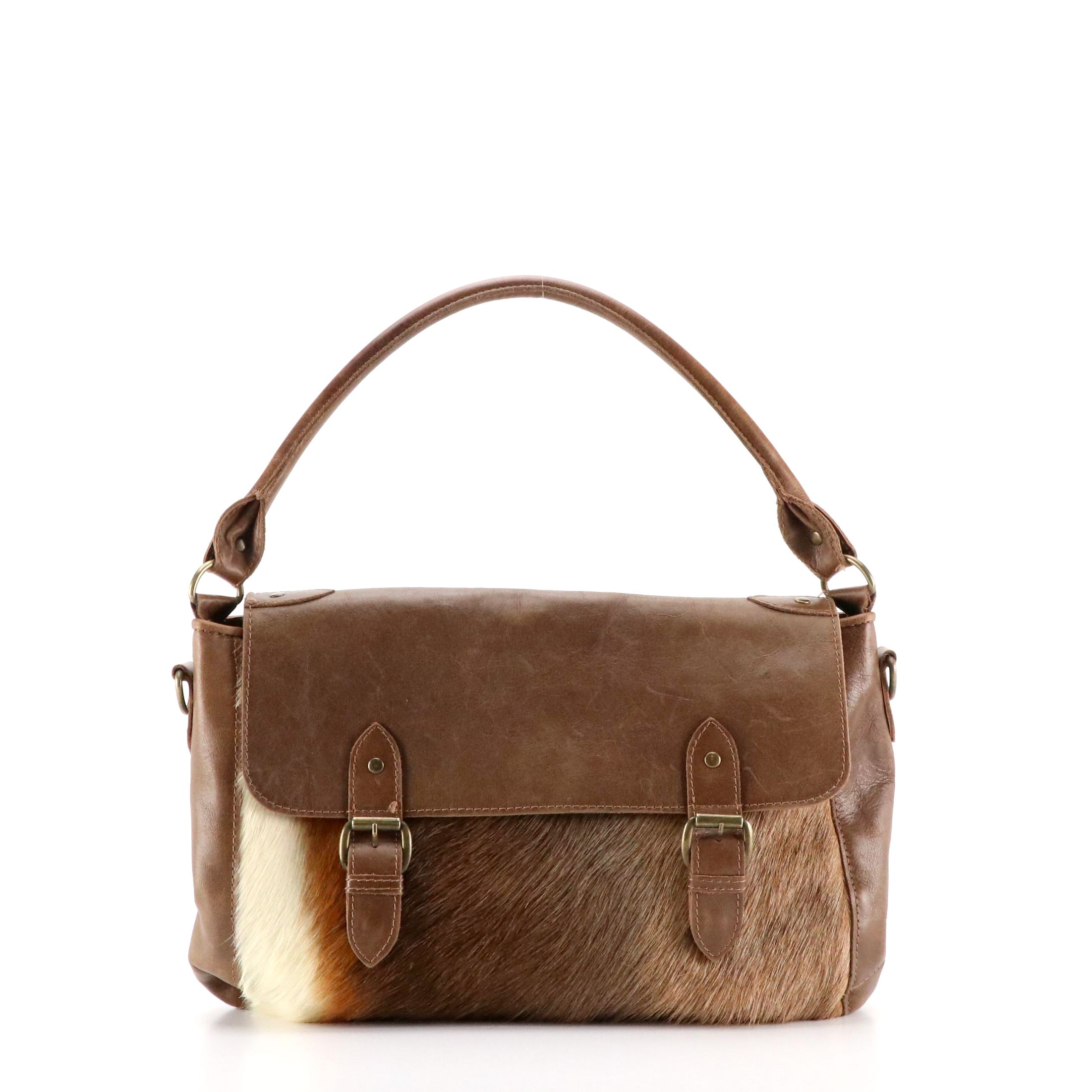 Kulu Bags Springbok and Mocha Brown Leather Buckle-Flap Shoulder Satchel