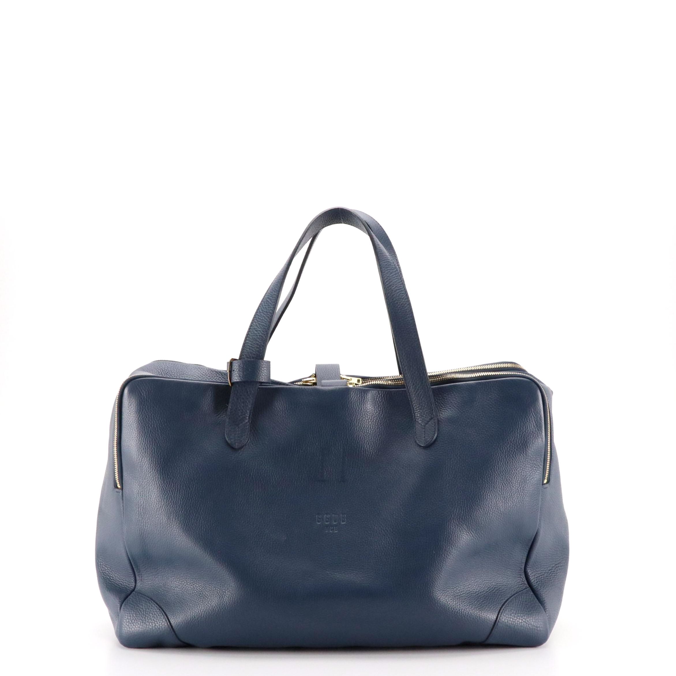 Golden Goose Zip Top Travel Bag in Deep Blue Grained Calfskin Leather